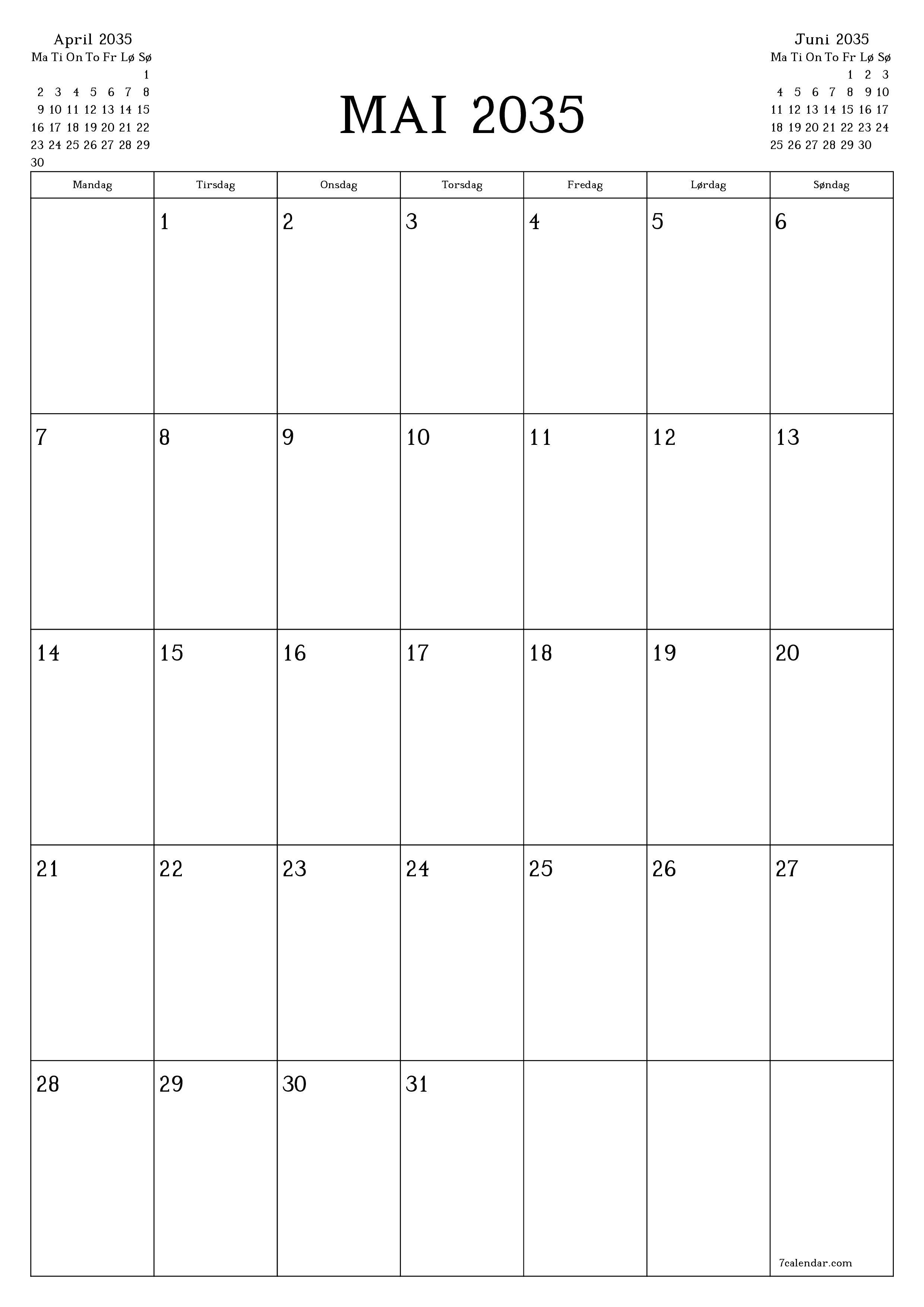 utskrivbar vegg mal gratis vertikal Månedlig planlegger kalender Mai (Mai) 2035