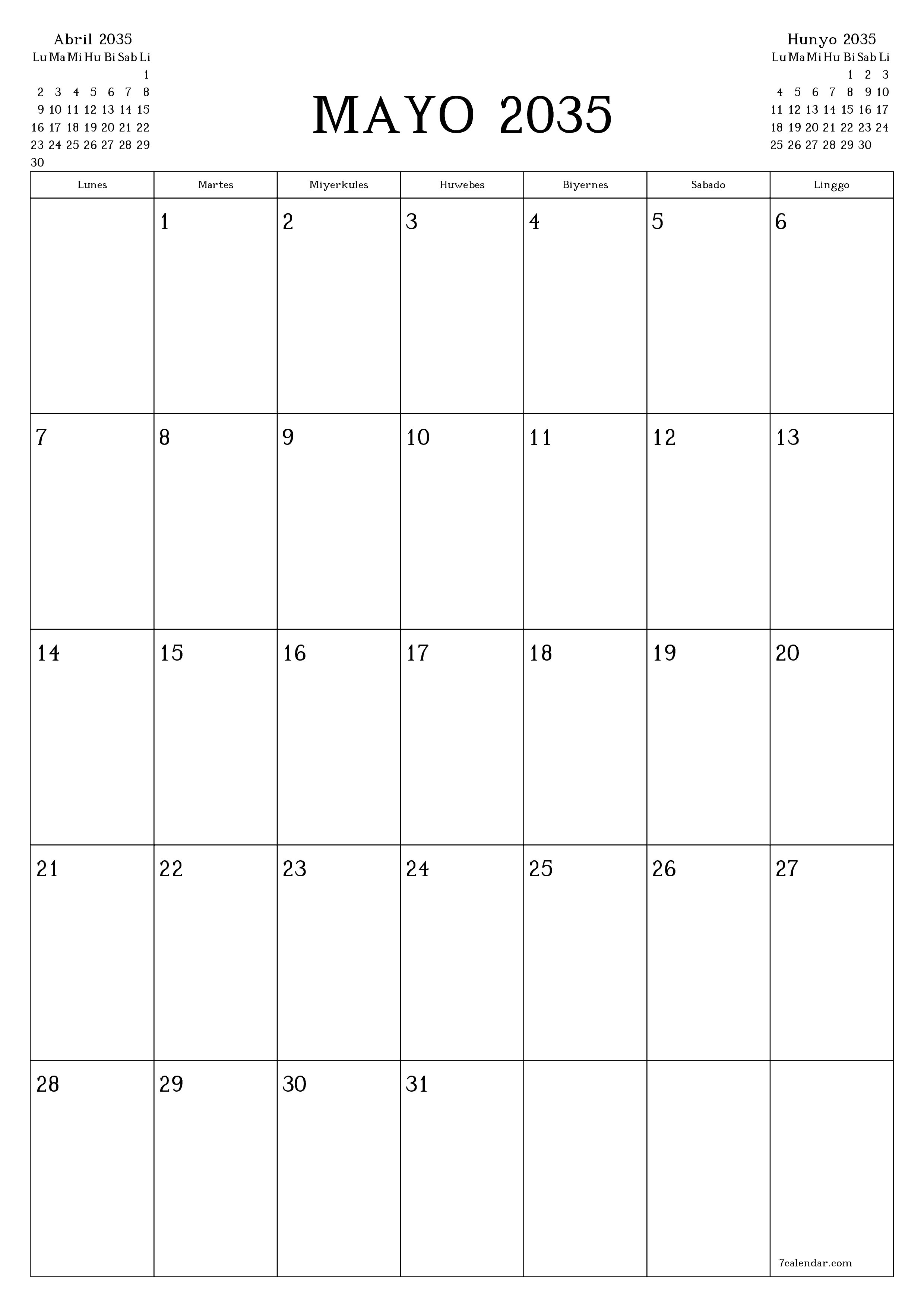 napi-print na sa dingding template ng libreng patayo Buwanang tagaplano kalendaryo Mayo (May) 2035