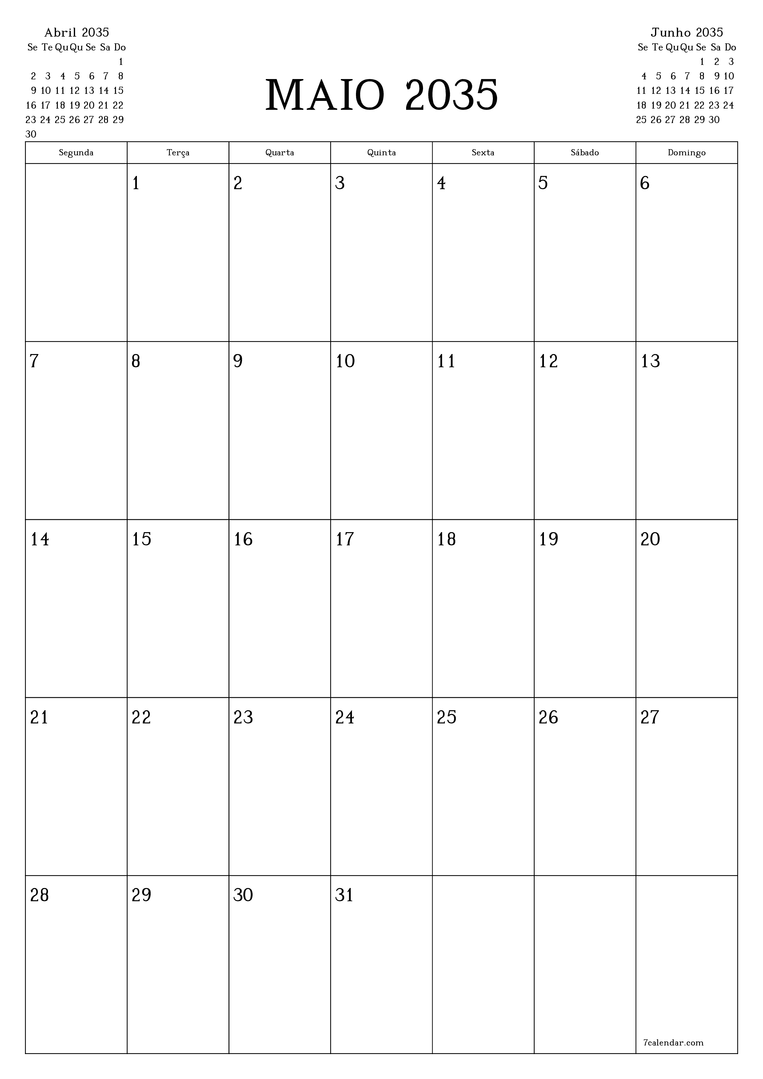  para impressão de parede modelo de grátisvertical Mensal planejador calendário Maio (Mai) 2035