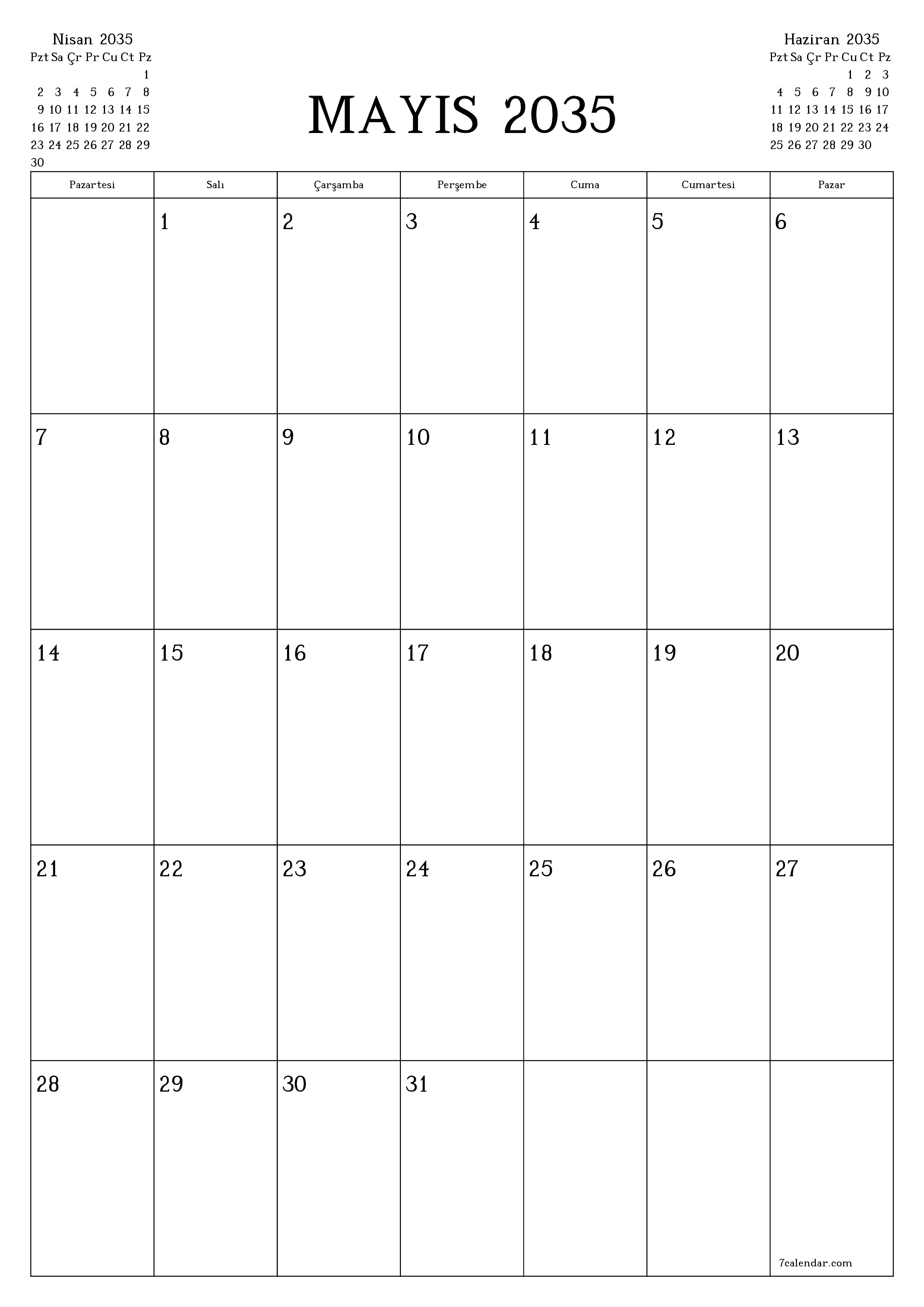 yazdırılabilir duvar i şablonu ücretsiz dikey Aylık planlayıcı takvim Mayıs (May) 2035
