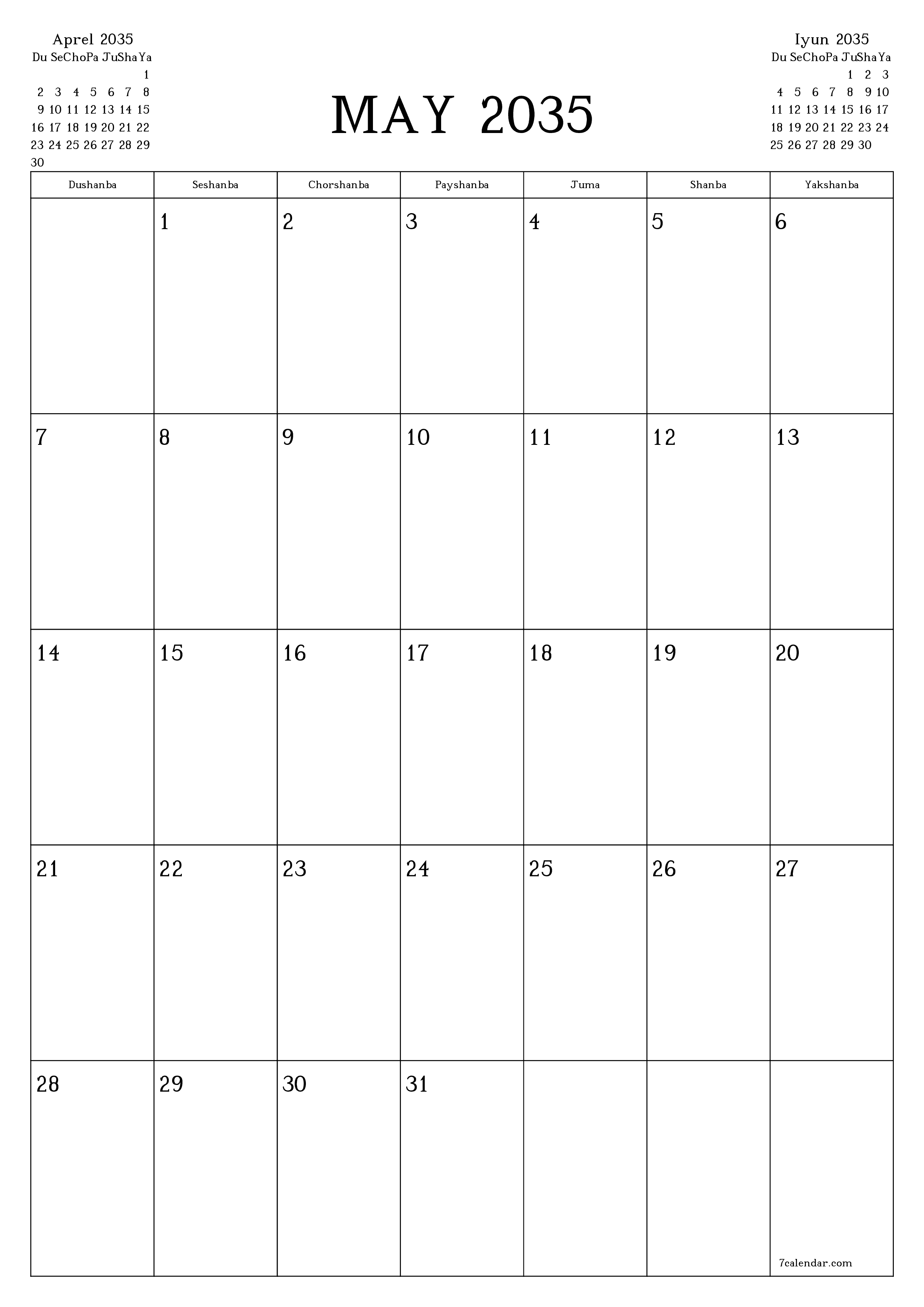 chop etiladigan devor taqvimi shabloni bepul vertikal Oylik rejalashtiruvchi kalendar May (May) 2035