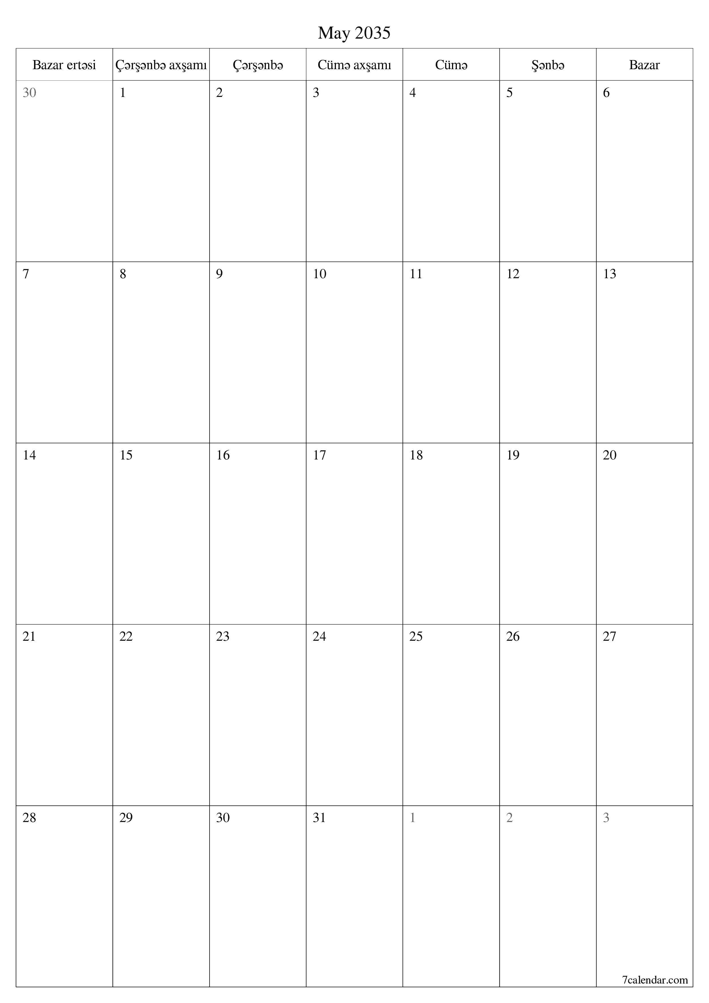 çap edilə bilən divar i şablonu pulsuz şaquli Aylıq planlaşdırıcı təqvim May (May) 2035