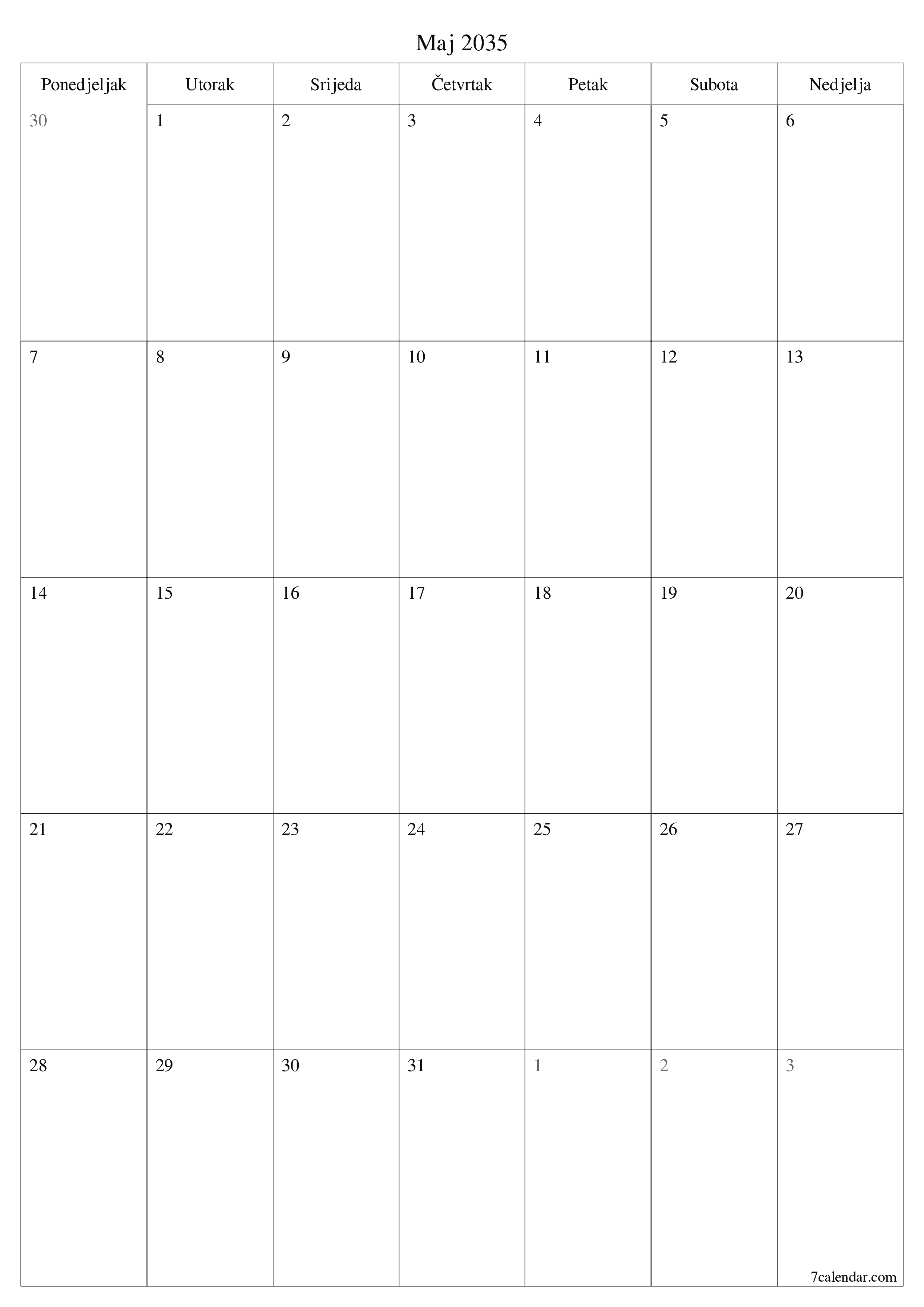  za štampanje zidni šablon a besplatni vertikalno Mjesečno planer kalendar Maj (Maj) 2035