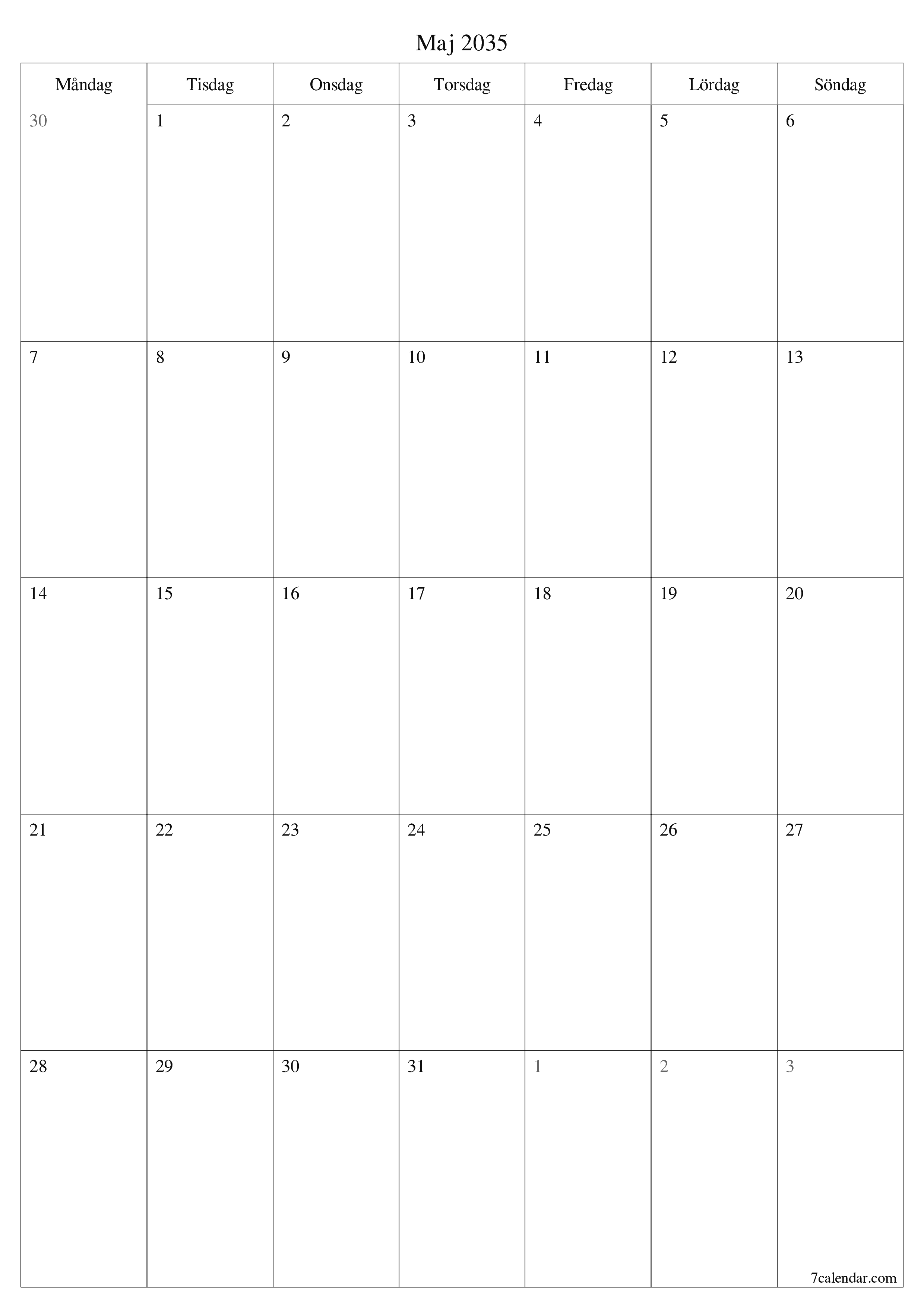utskrivbar vägg mall gratis vertikal Månatlig planerare kalender Maj (Maj) 2035