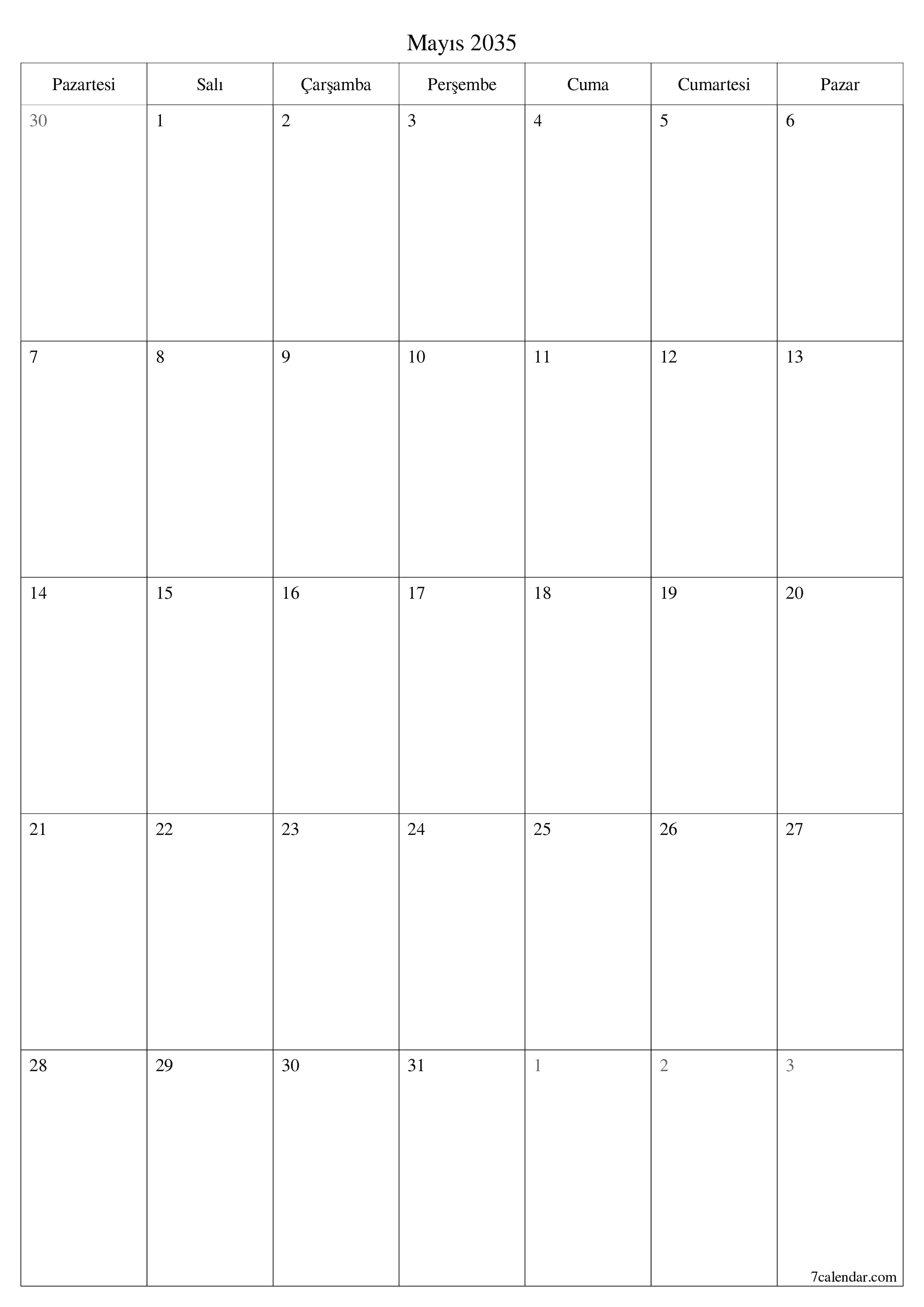 yazdırılabilir duvar i şablonu ücretsiz dikey Aylık planlayıcı takvim Mayıs (May) 2035
