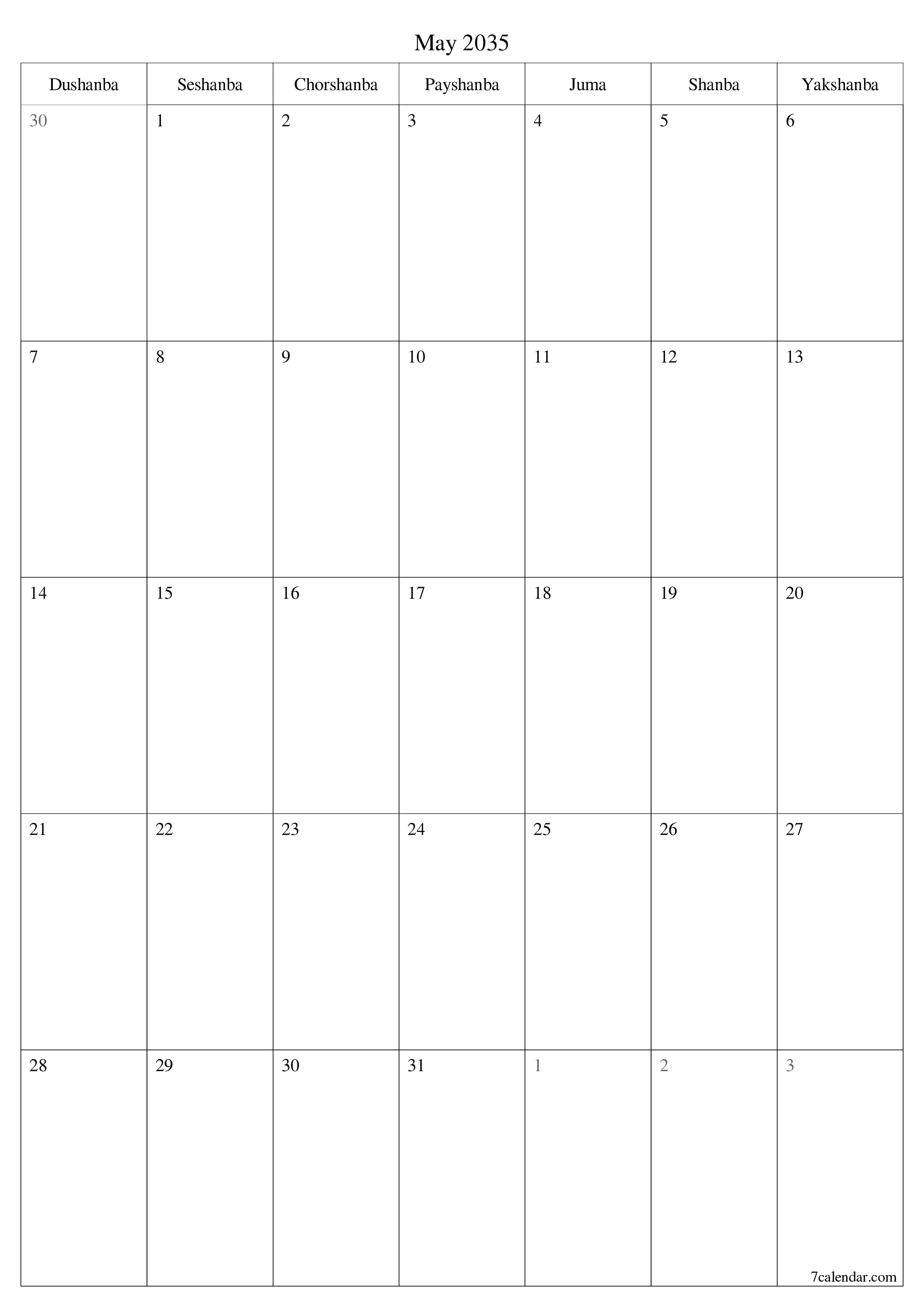 chop etiladigan devor taqvimi shabloni bepul vertikal Oylik rejalashtiruvchi kalendar May (May) 2035