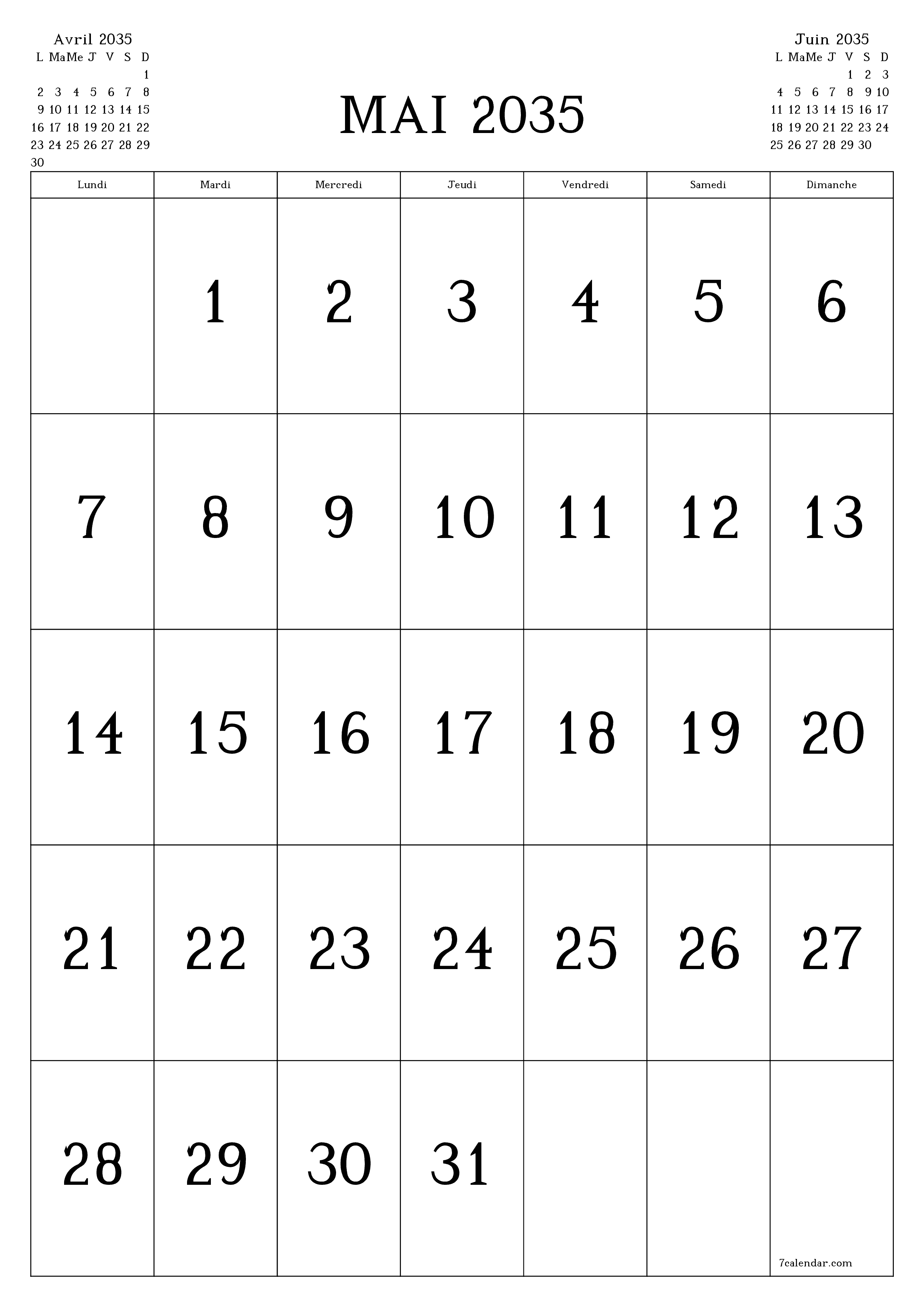  imprimable mural modèle de gratuitverticale Mensuel calendrier Mai (Mai) 2035