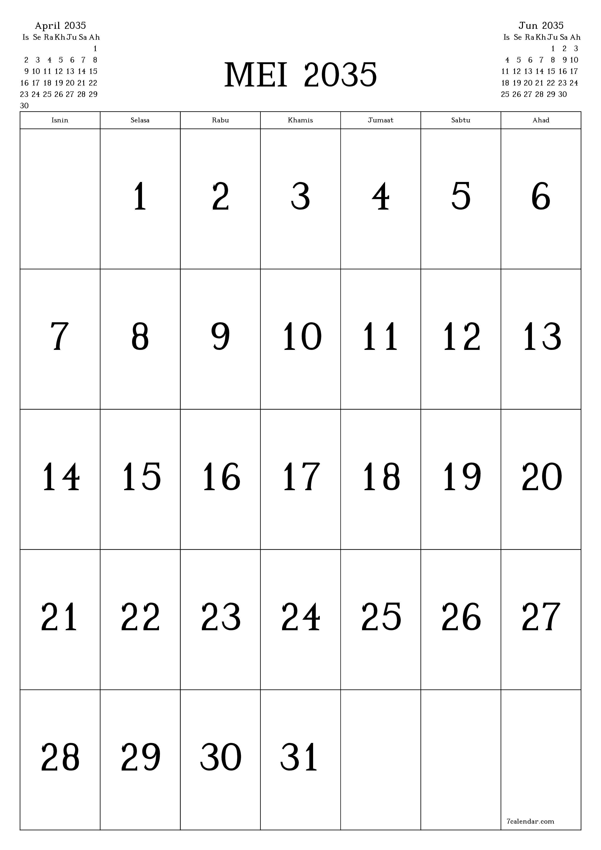  boleh cetak dinding templat percumamenegak Bulanan kalendar Mei (Mei) 2035
