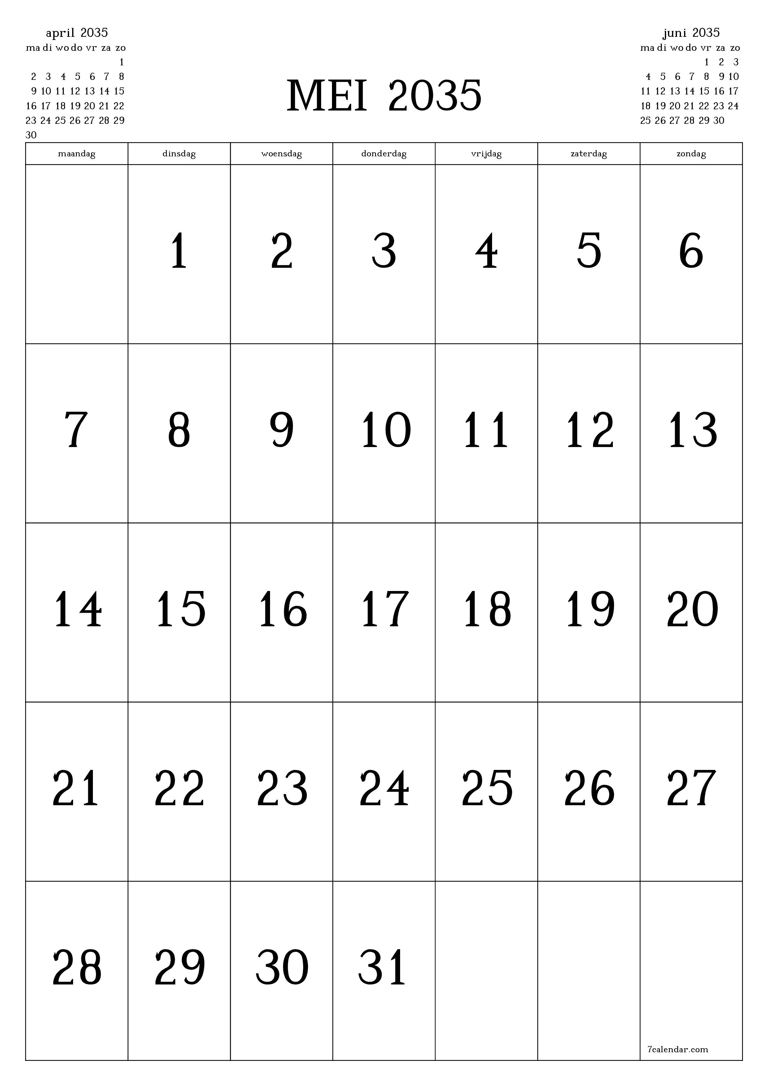 afdrukbare muur sjabloon gratis verticaal Maandelijks kalender mei (mei) 2035