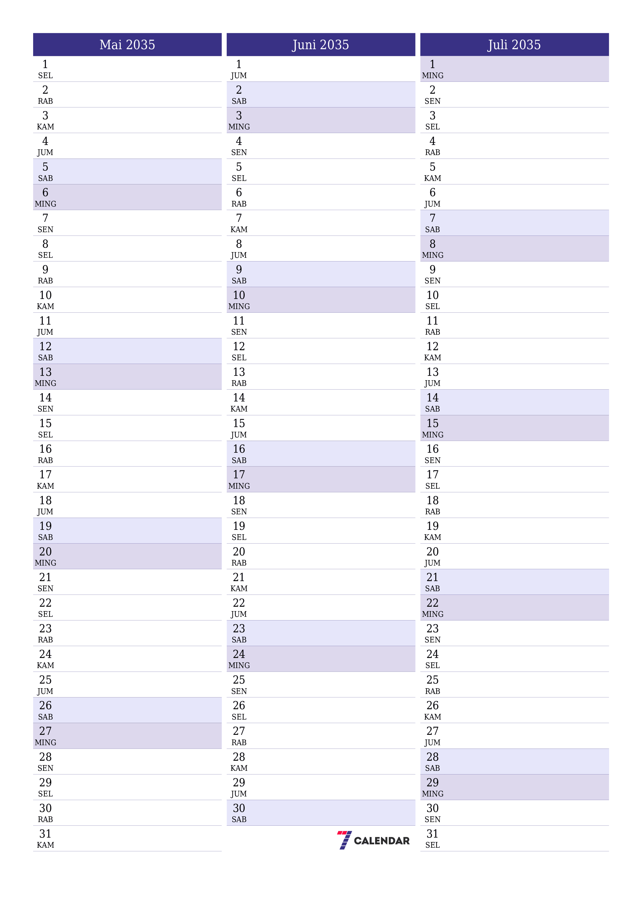  yang dapat dicetak dinding templat gratisvertikal Bulanan perencana kalender Mai (Mai) 2035
