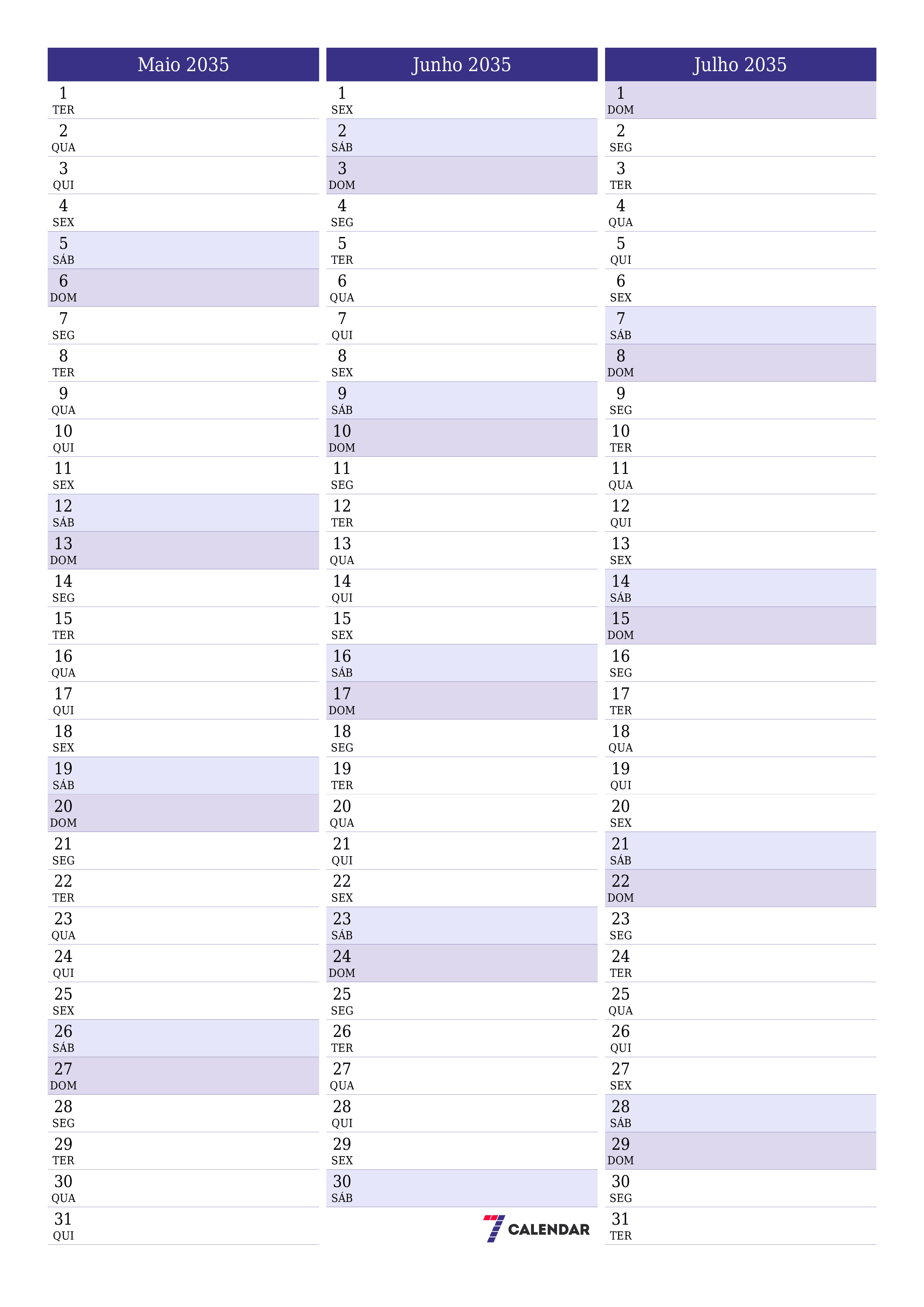  para impressão de parede modelo de grátisvertical Mensal planejador calendário Maio (Mai) 2035