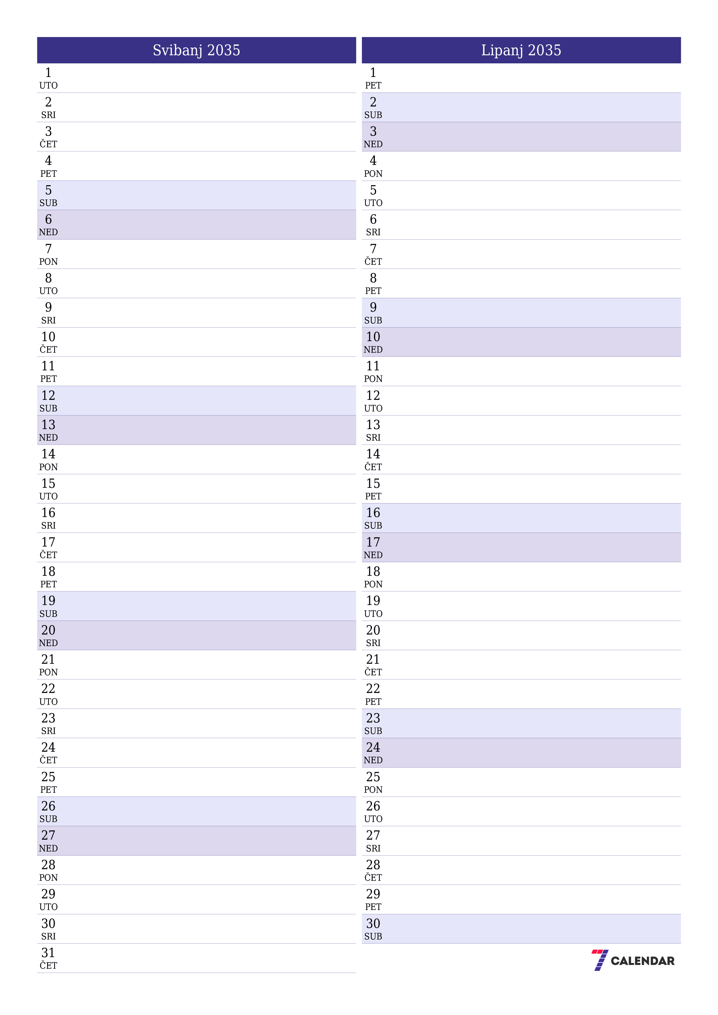  za ispis zidni predložak a besplatni okomito Mjesečni planer kalendar Svibanj (Svi) 2035
