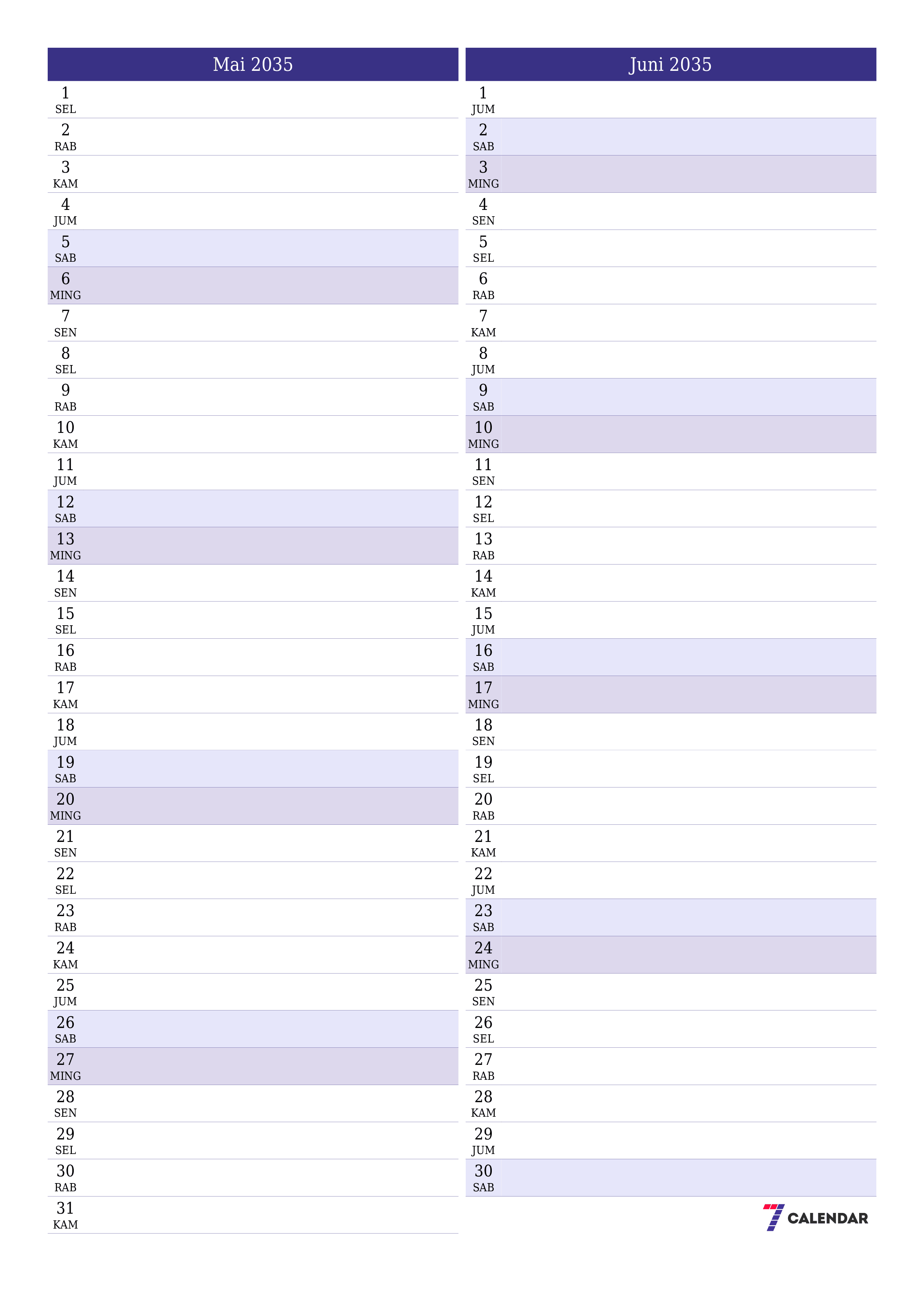  yang dapat dicetak dinding templat gratisvertikal Bulanan perencana kalender Mai (Mai) 2035