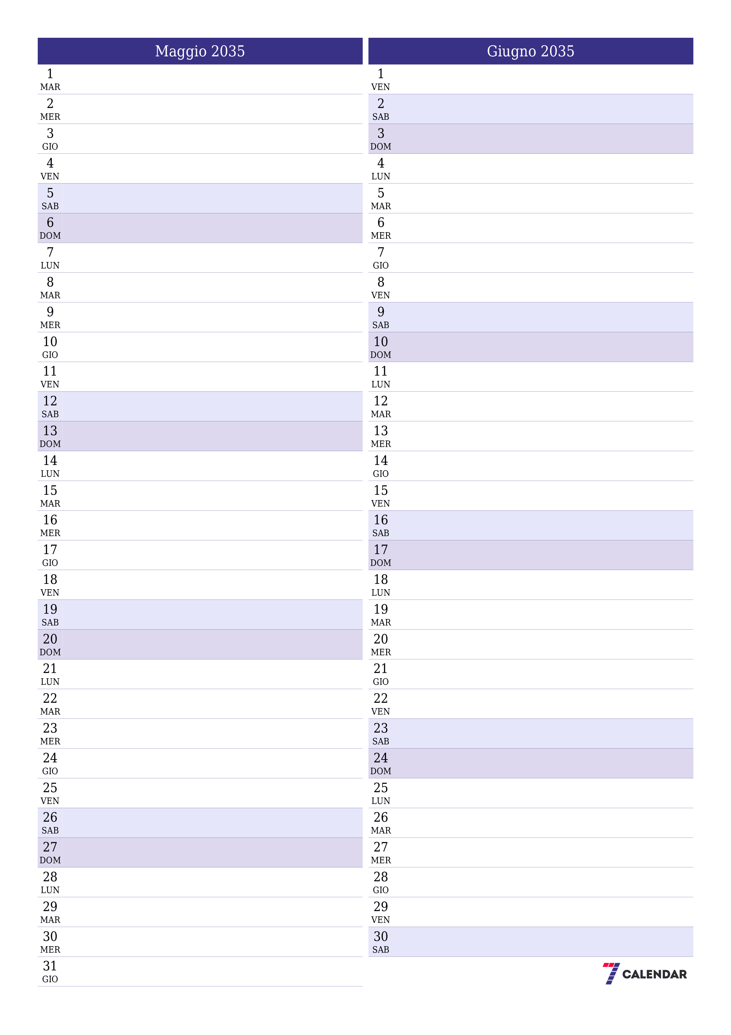  stampabile da parete modello di gratuitoverticale Mensile pianificatore calendario Maggio (Mag) 2035