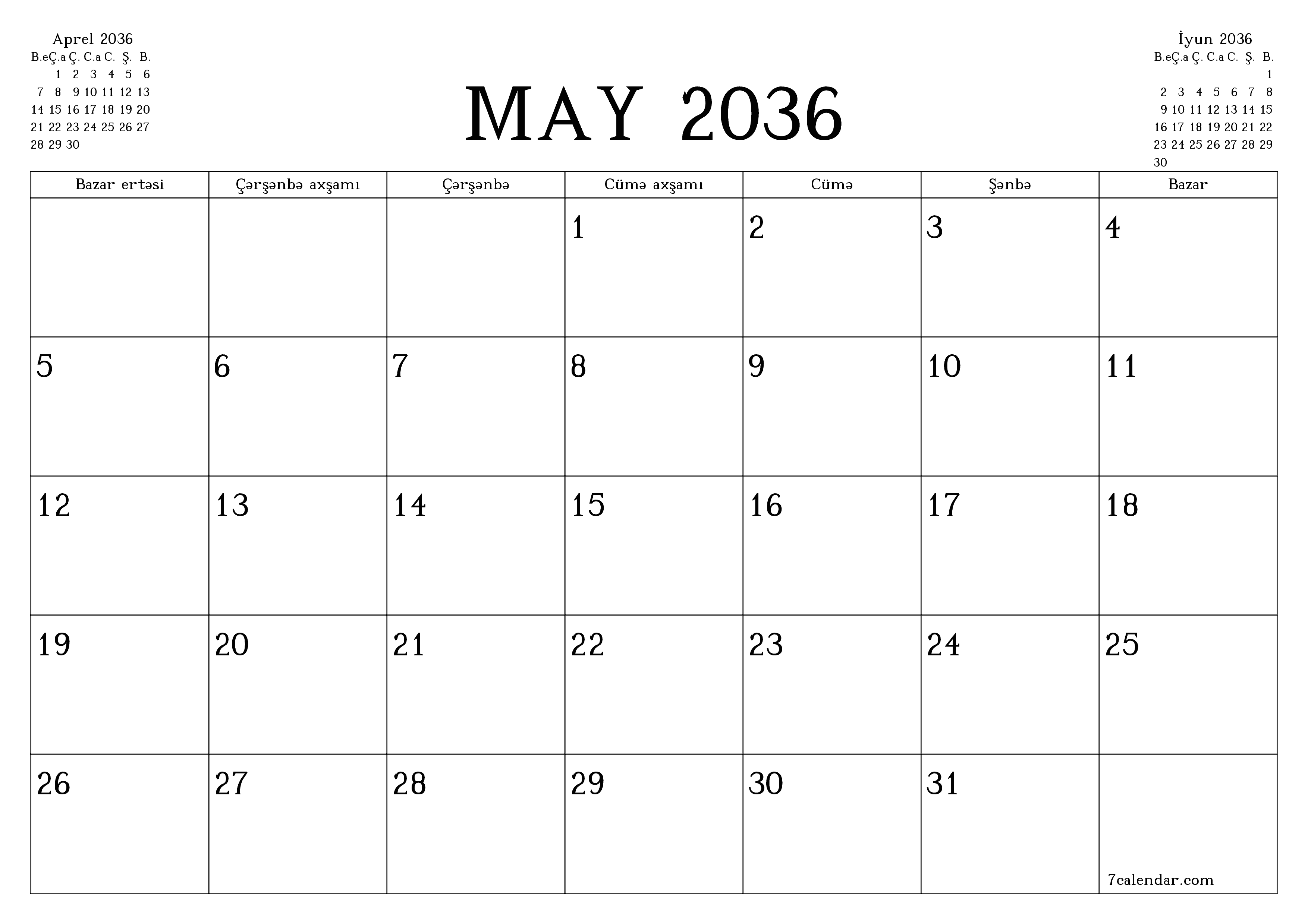 May 2036 ayı üçün qeydlər ilə boş aylıq planlayıcı, qeyd edin və PDF-ə yazdırın PNG Azerbaijani