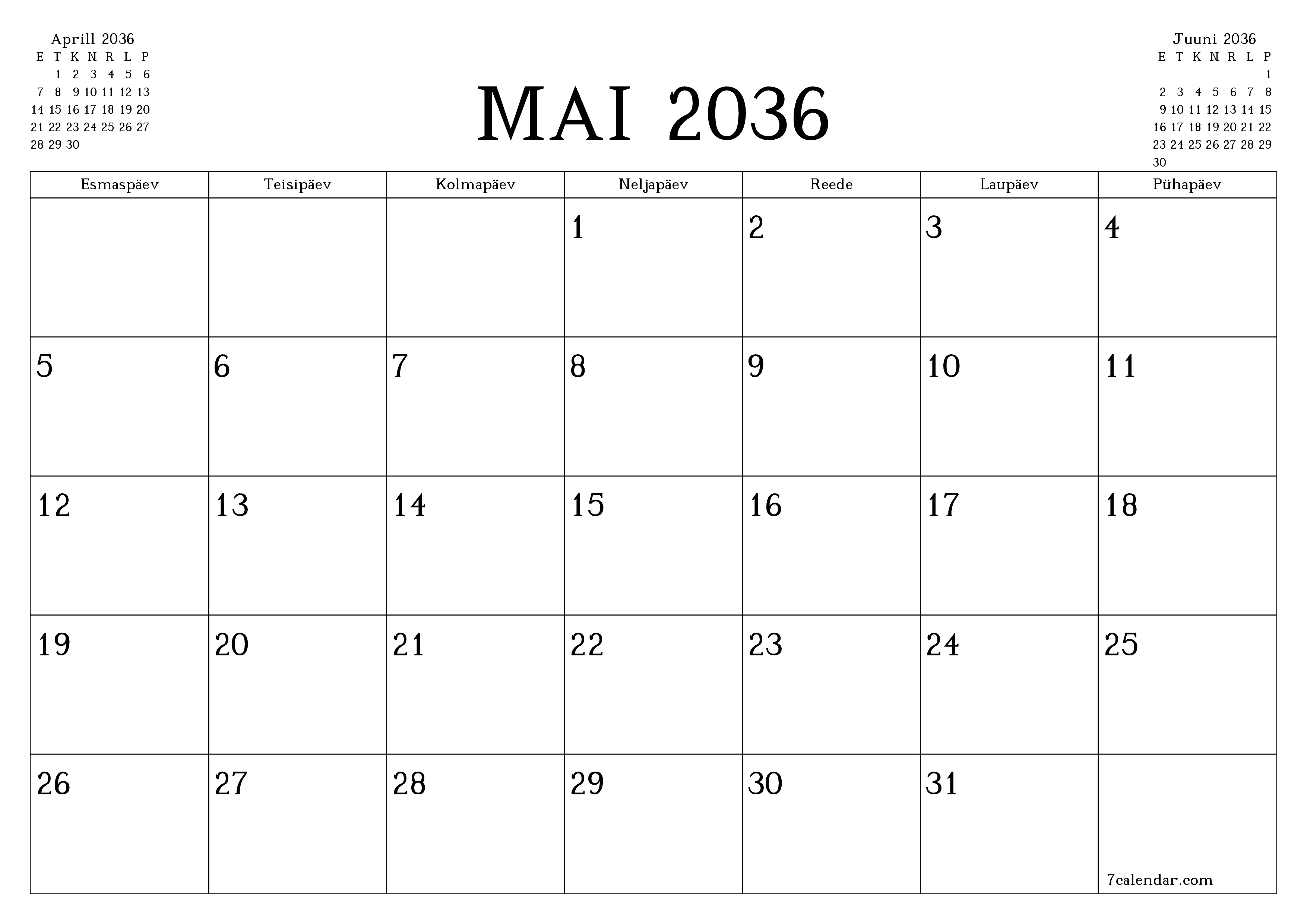 Tühjendage kuu Mai 2036 kuuplaneerija märkmetega, salvestage ja printige PDF-i PNG Estonian