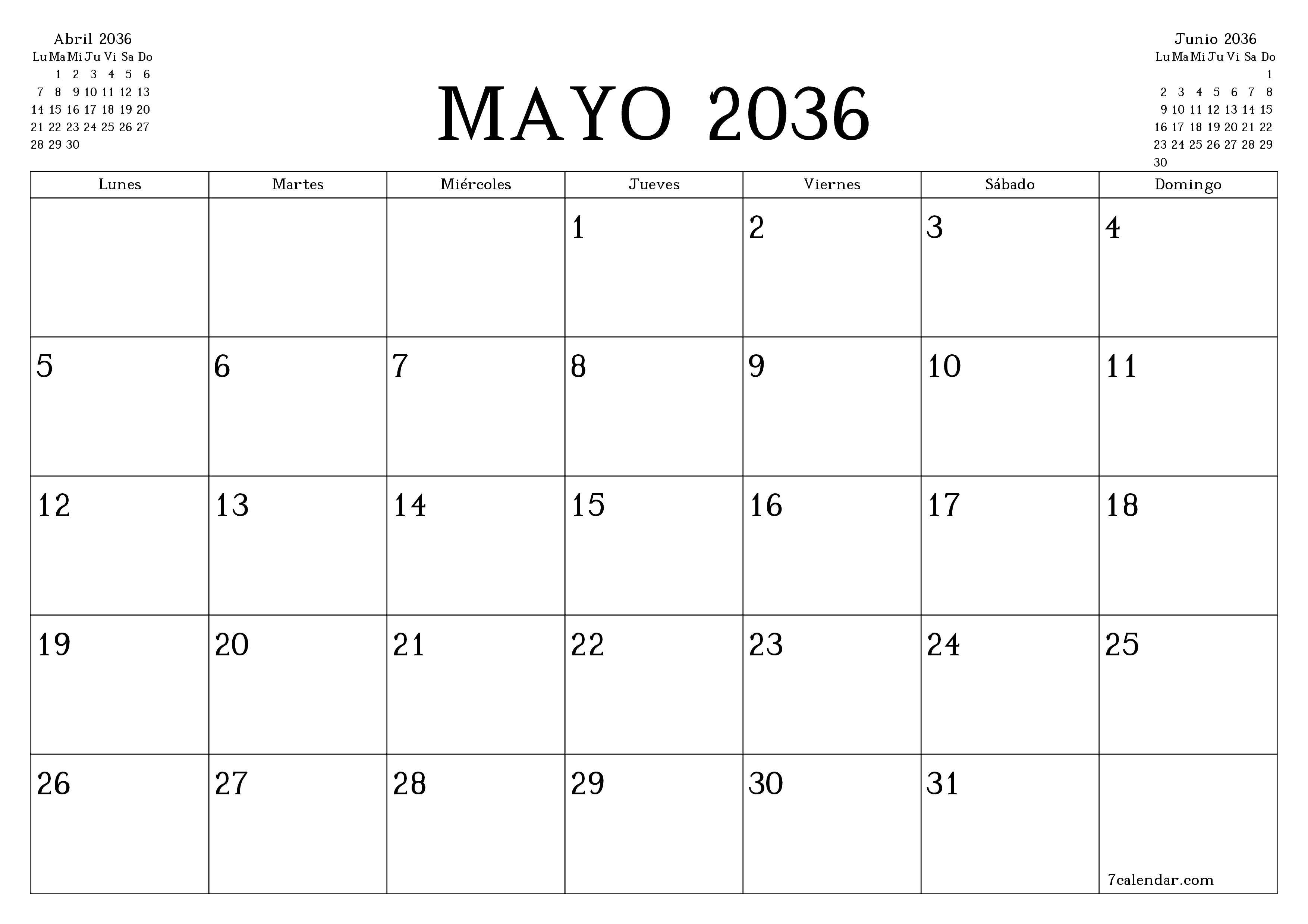 Planificador mensual vacío para el mes Mayo 2036 con notas, guardar e imprimir en PDF PNG Spanish