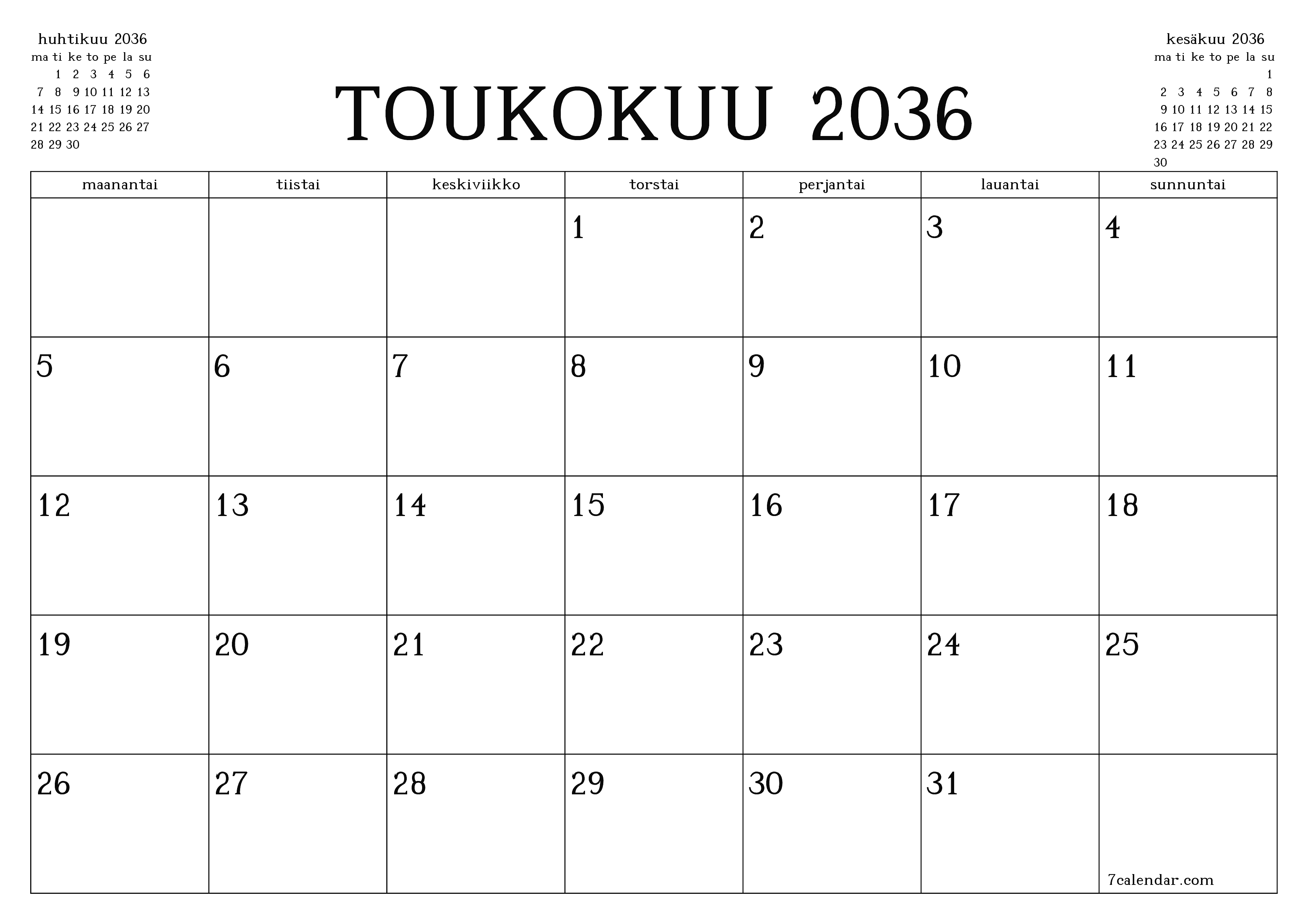Tyhjennä kuukausittainen suunnittelija kuukaudelle Toukokuu 2036 muistiinpanoilla, tallenna ja tulosta PDF-muotoon PNG Finnish