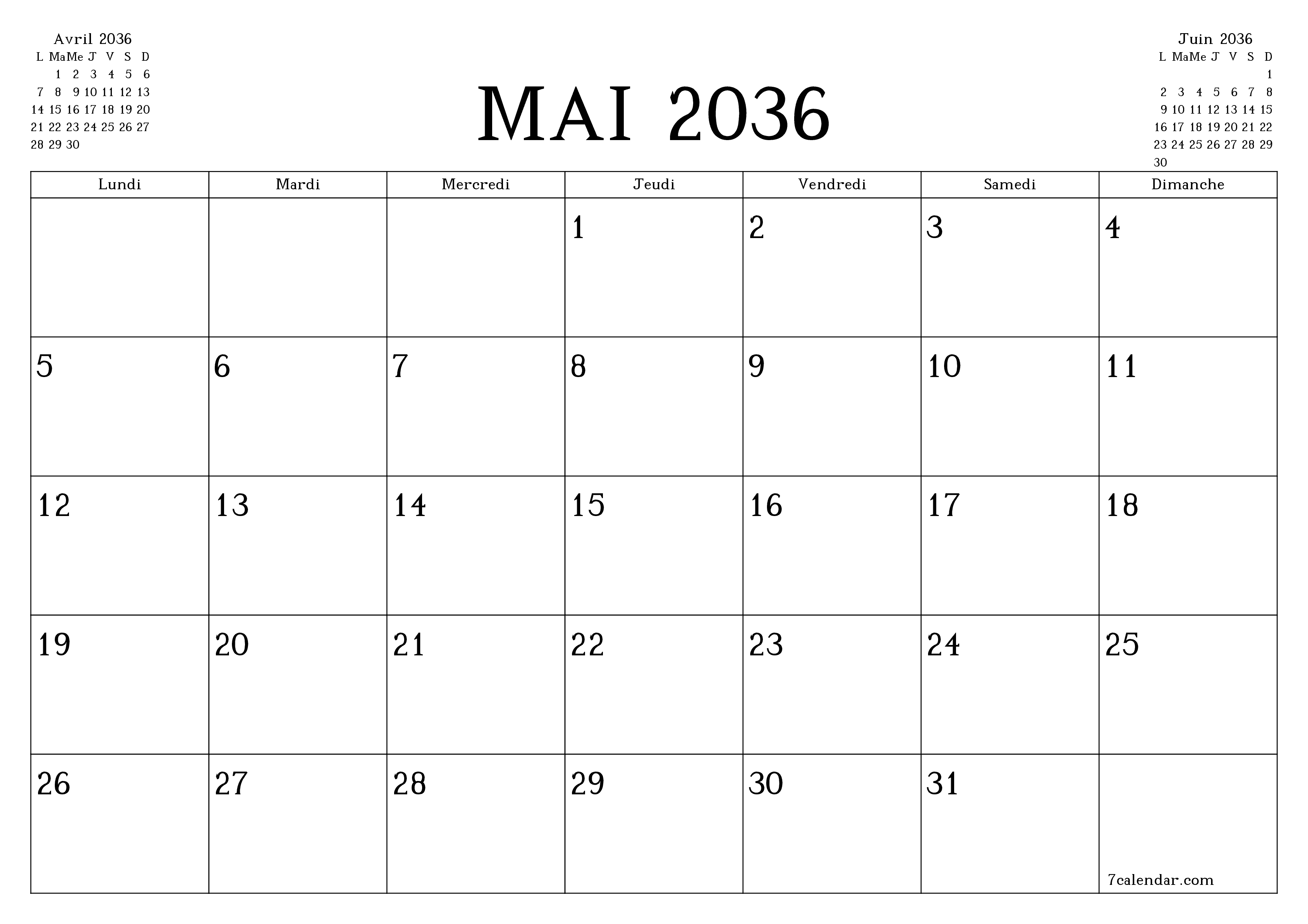 Agenda mensuel vide pour le mois Mai 2036 avec notes, enregistrez et imprimez au format PDF PNG French