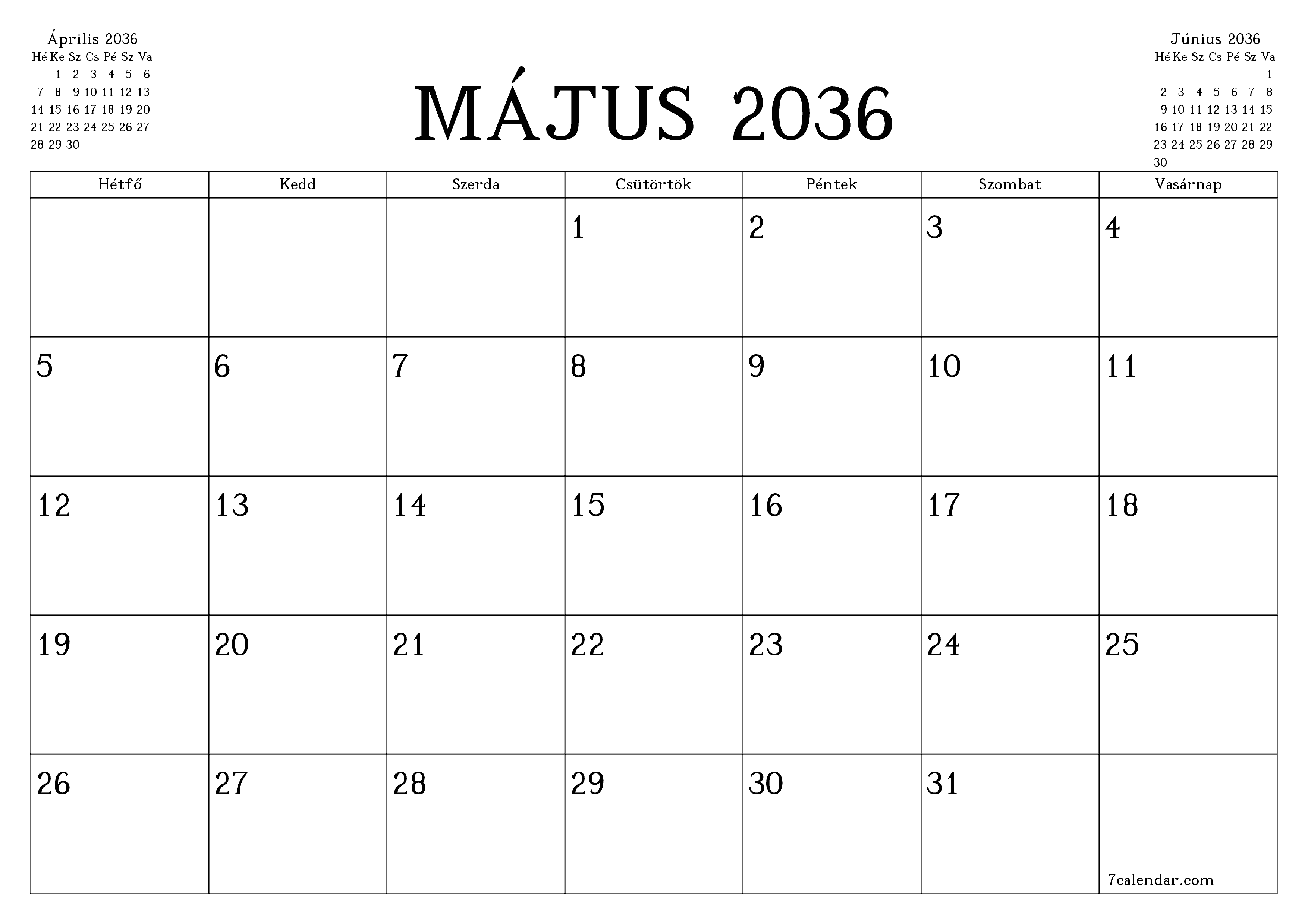 Üres havi tervező a Május 2036 hónapra jegyzetekkel, mentés és nyomtatás PDF-be PNG Hungarian