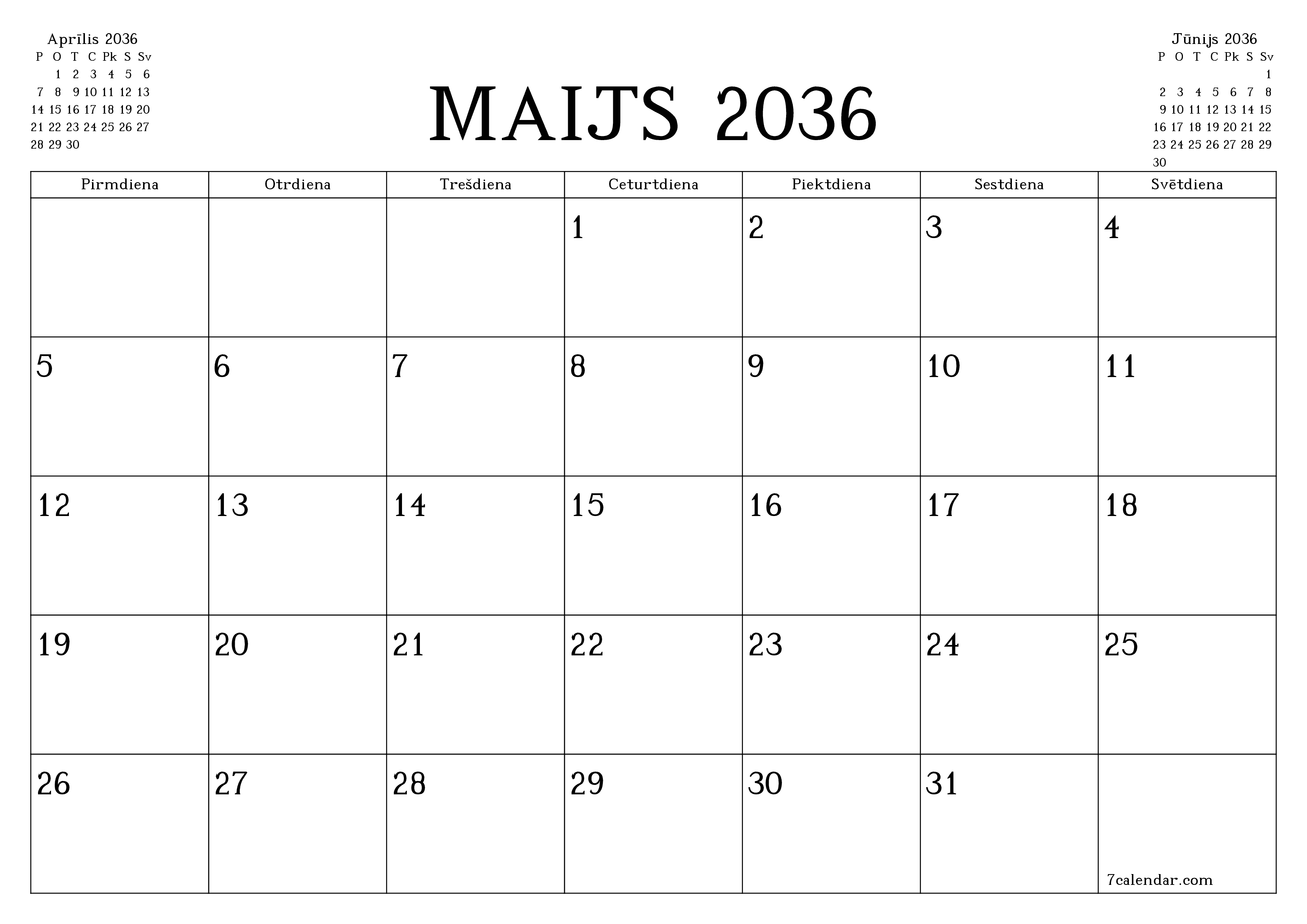 Iztukšot mēneša plānotāju mēnesim Maijs 2036 ar piezīmēm, saglabāt un izdrukāt PDF formātā PNG Latvian