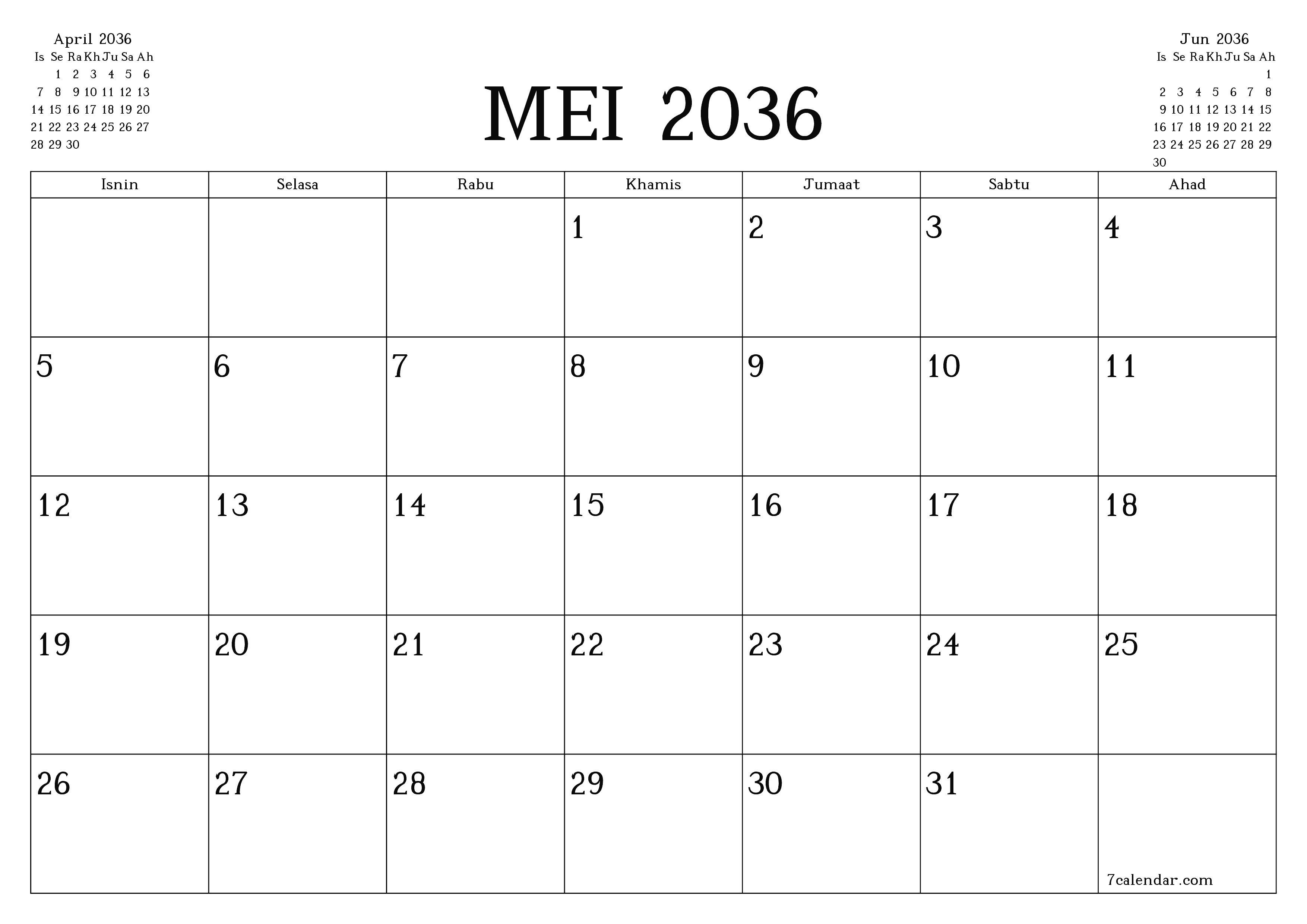 Perancang bulanan kosong untuk bulan Mei 2036 dengan nota, simpan dan cetak ke PDF PNG Malay