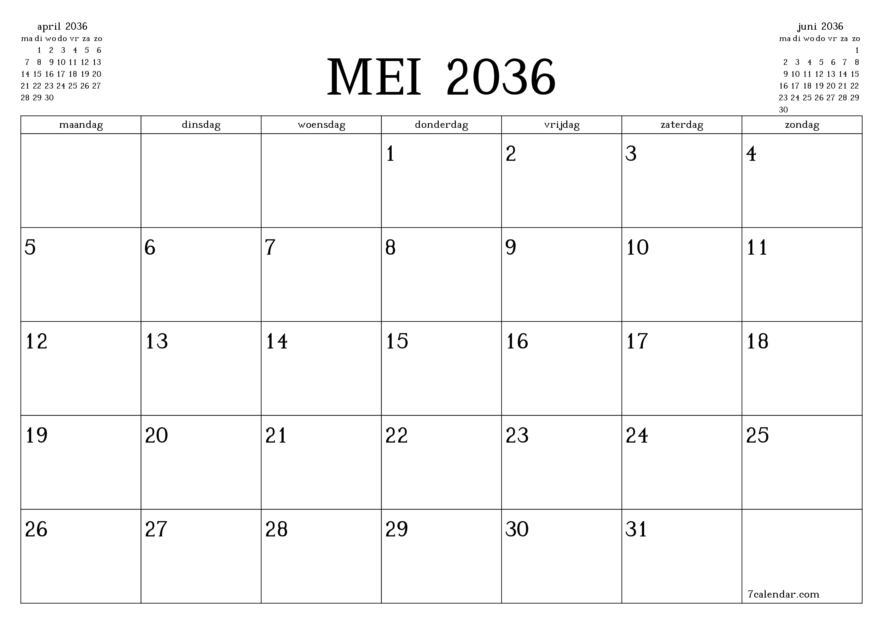 Lege maandplanner voor maand mei 2036 met notities, opslaan en afdrukken naar pdf PNG Dutch
