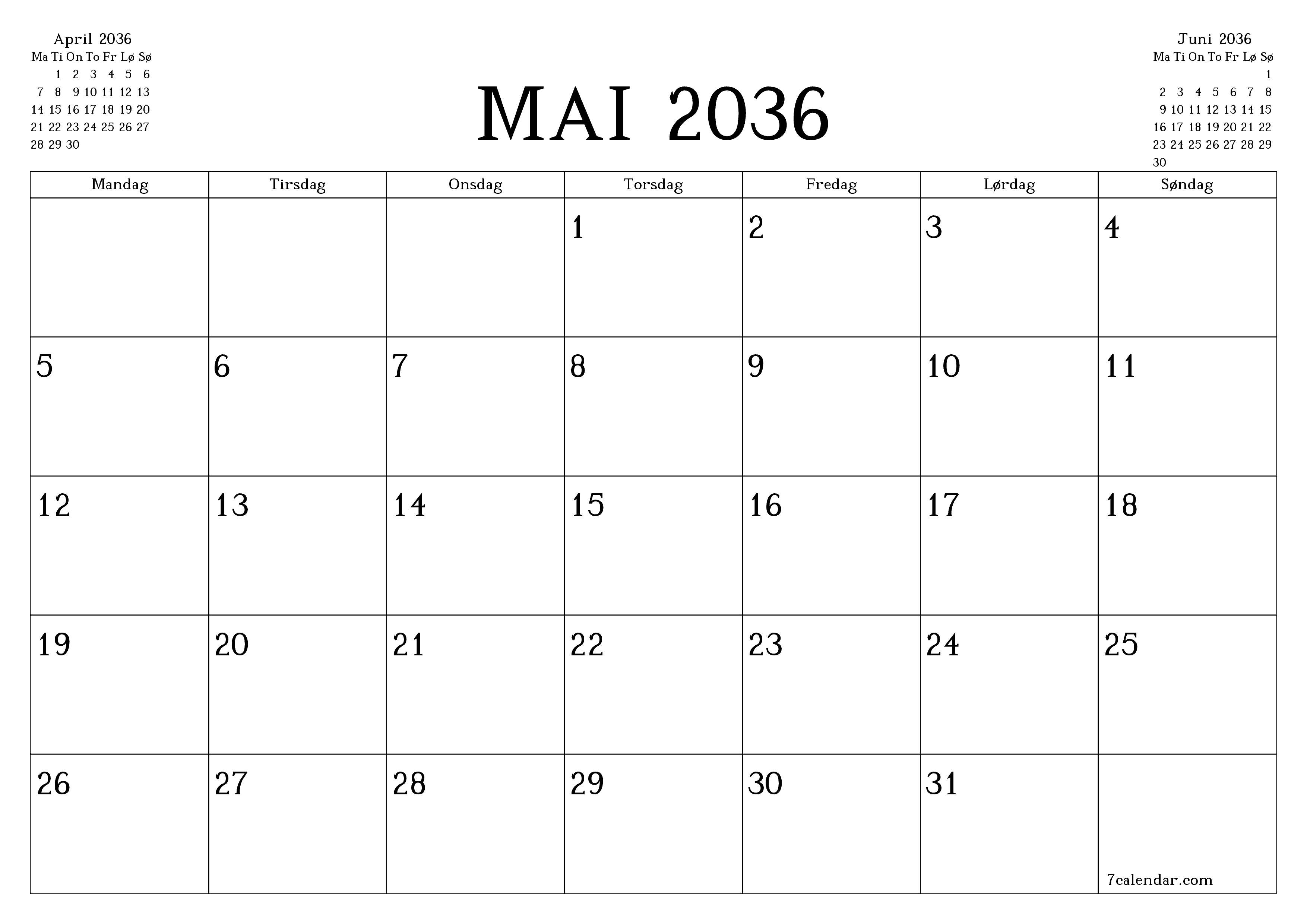 Tom månedlig planlegger for måned Mai 2036 med notater, lagre og skriv ut til PDF PNG Norwegian