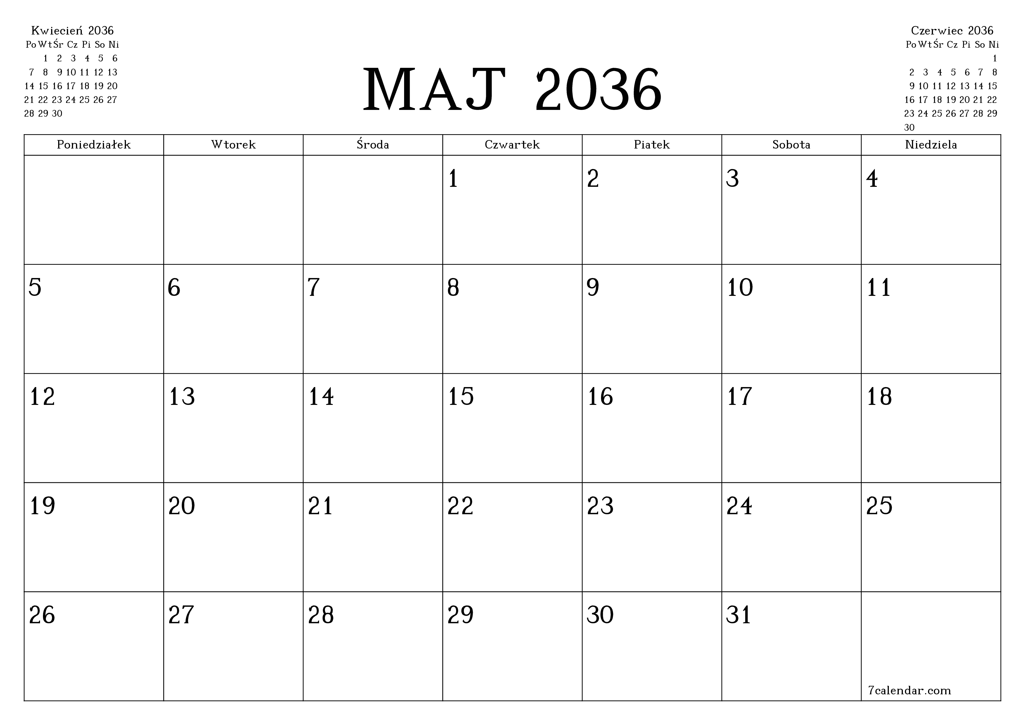 Opróżnij miesięczny planer na miesiąc Maj 2036 z notatkami, zapisz i wydrukuj w formacie PDF PNG Polish