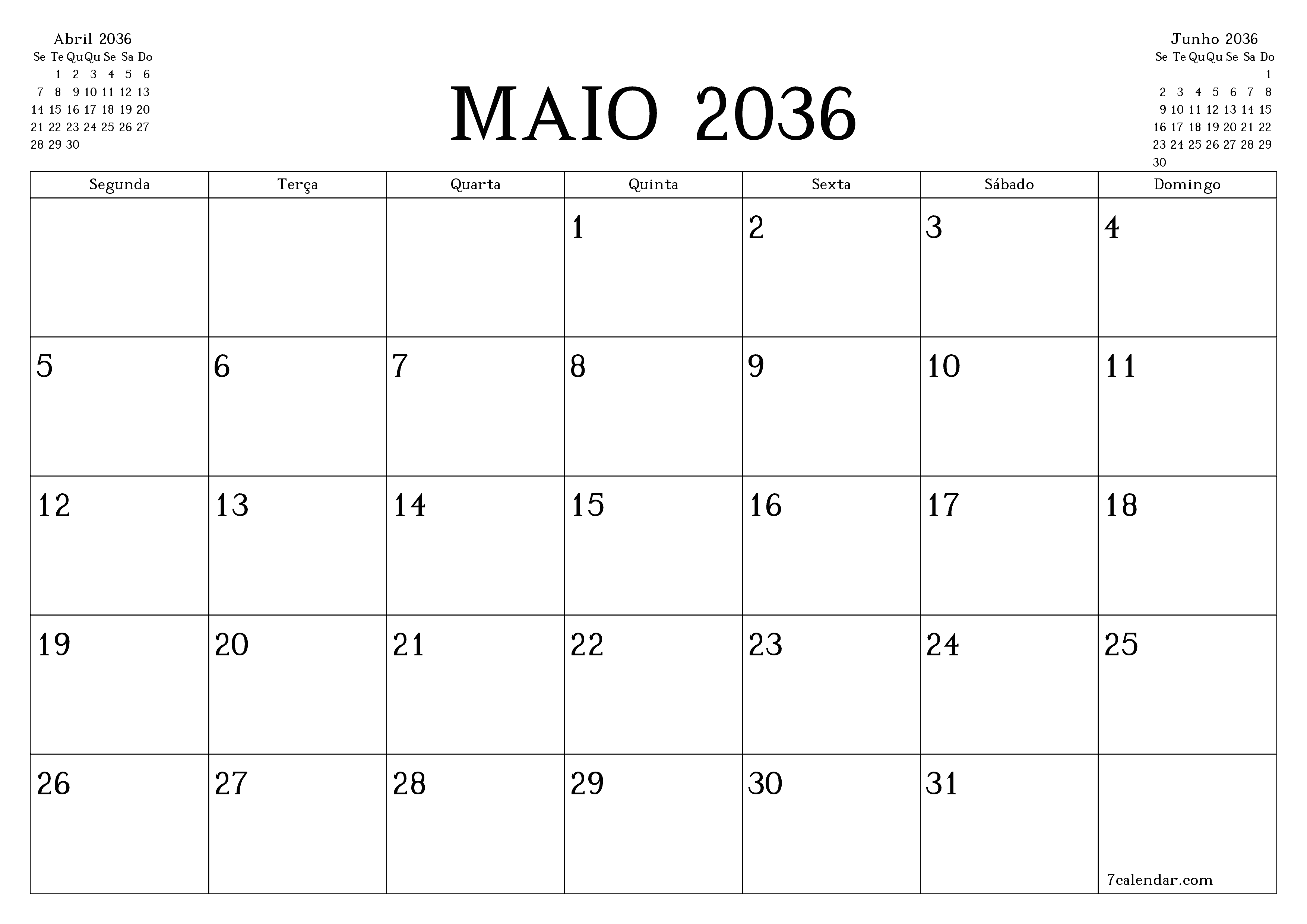 Esvazie o planejador mensal para o mês Maio 2036 com notas, salve e imprima em PDF PNG Portuguese