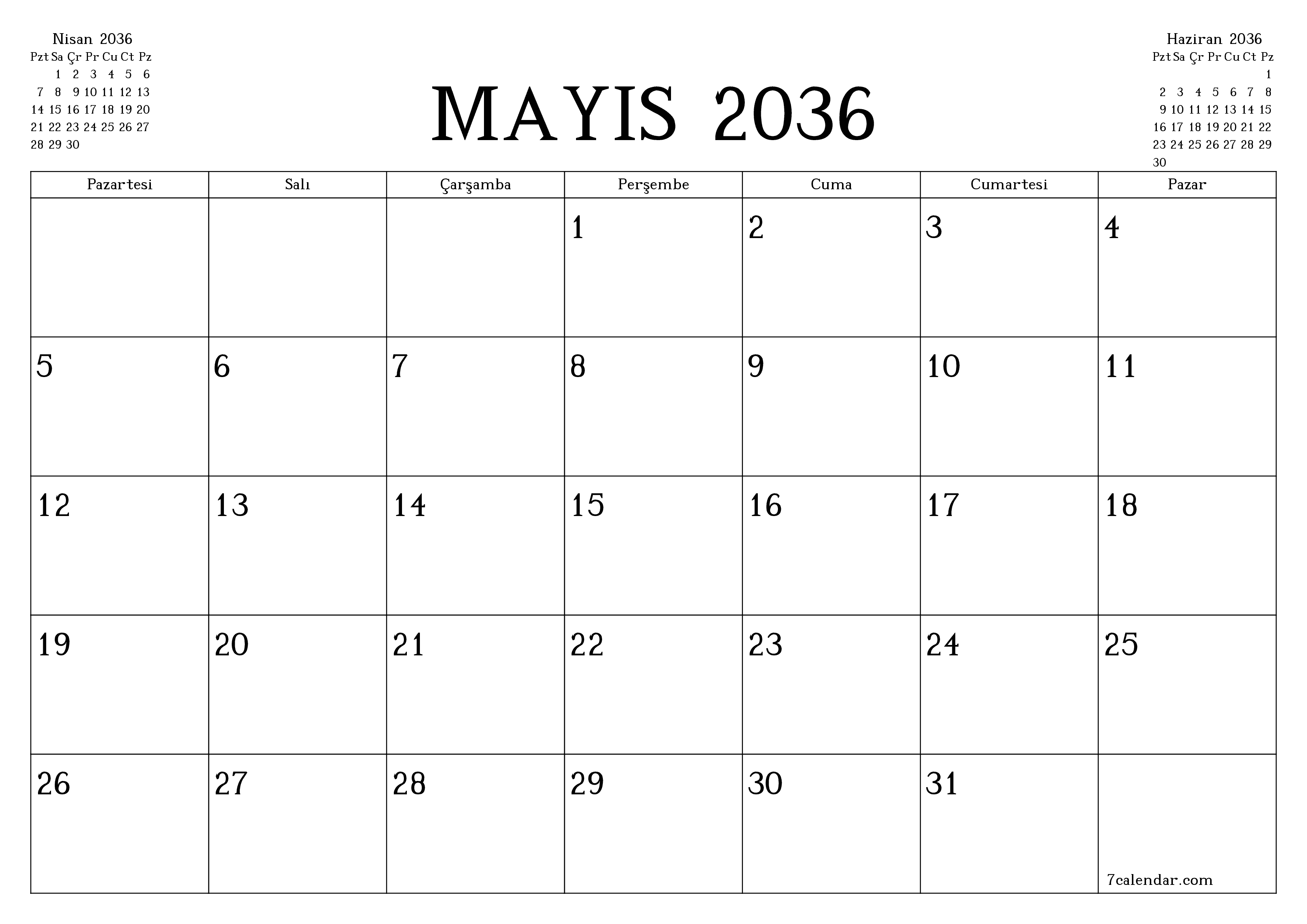 Mayıs 2036 ayı için notlarla birlikte boş aylık planlayıcı, kaydedin ve PDF'ye yazdırın PNG Turkish