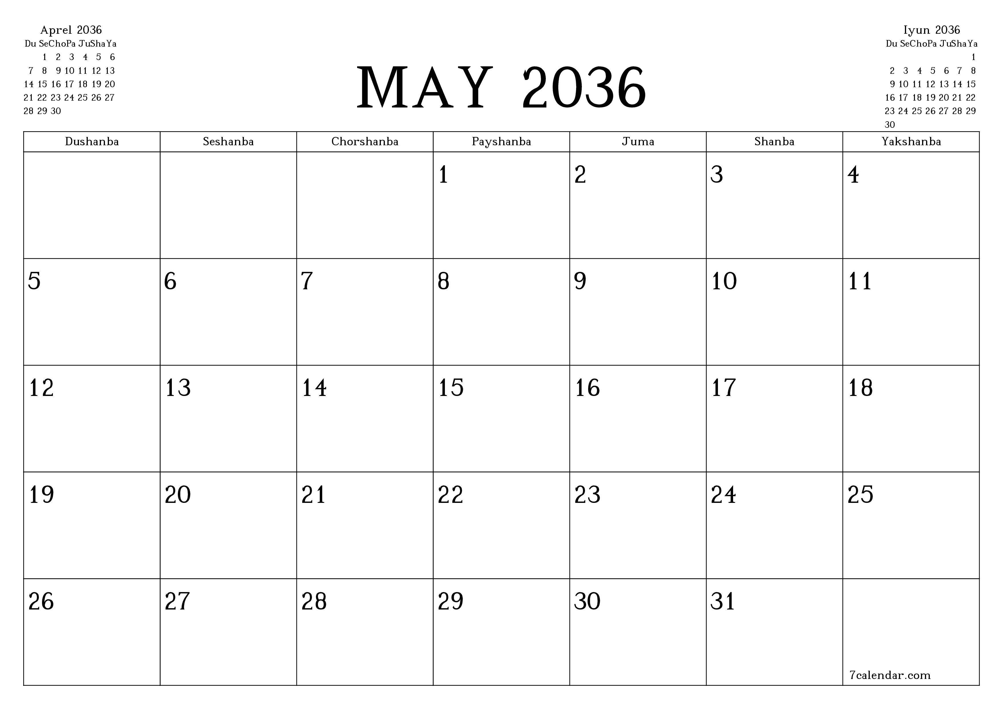 May 2036 oylik oylik rejalashtiruvchini yozuvlar bilan bo'shatish, saqlash va PDF-ga chop etish PNG Uzbek