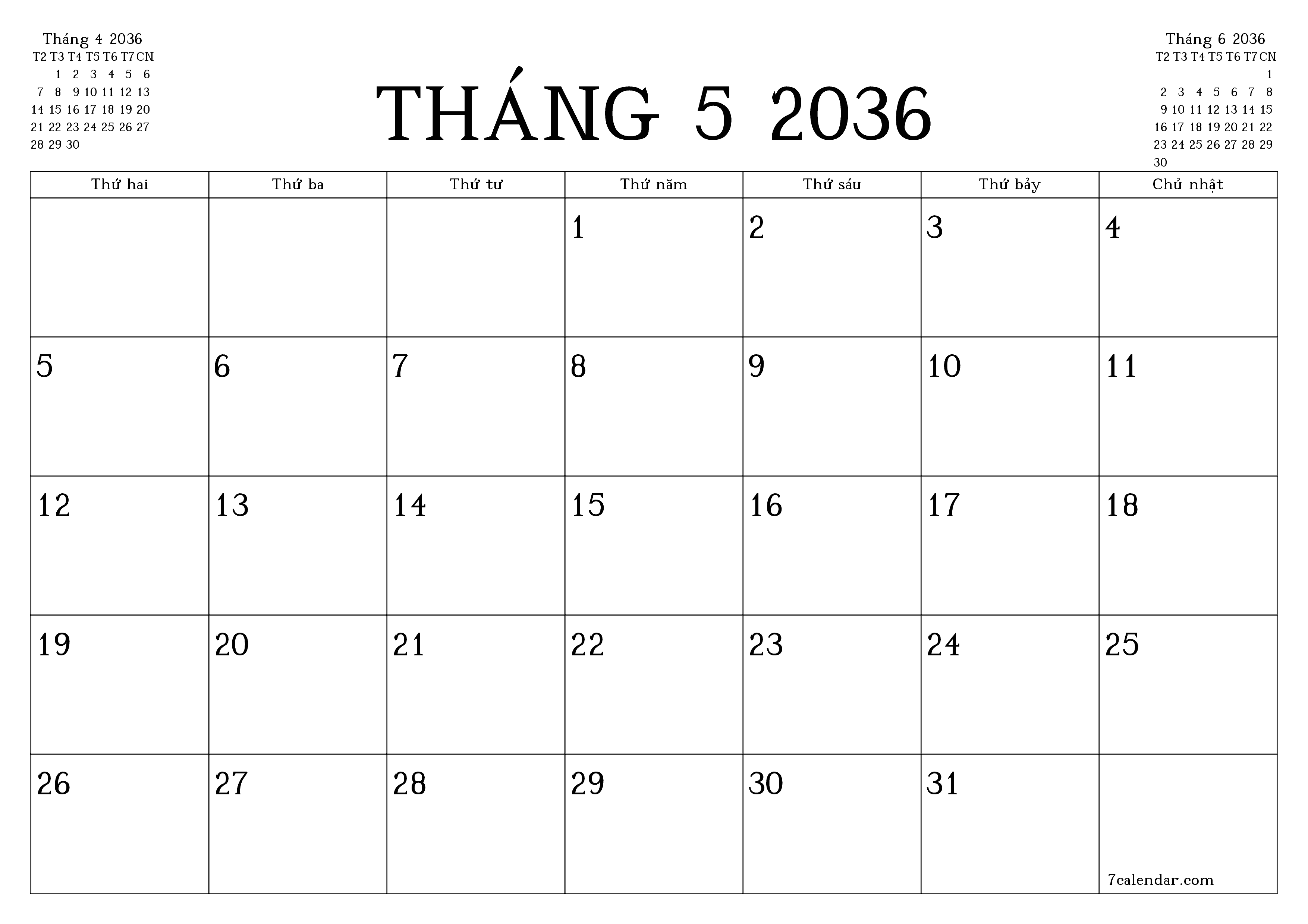 Công cụ lập kế hoạch hàng tháng trống cho tháng Tháng 5 2036 có ghi chú, lưu và in sang PDF PNG Vietnamese