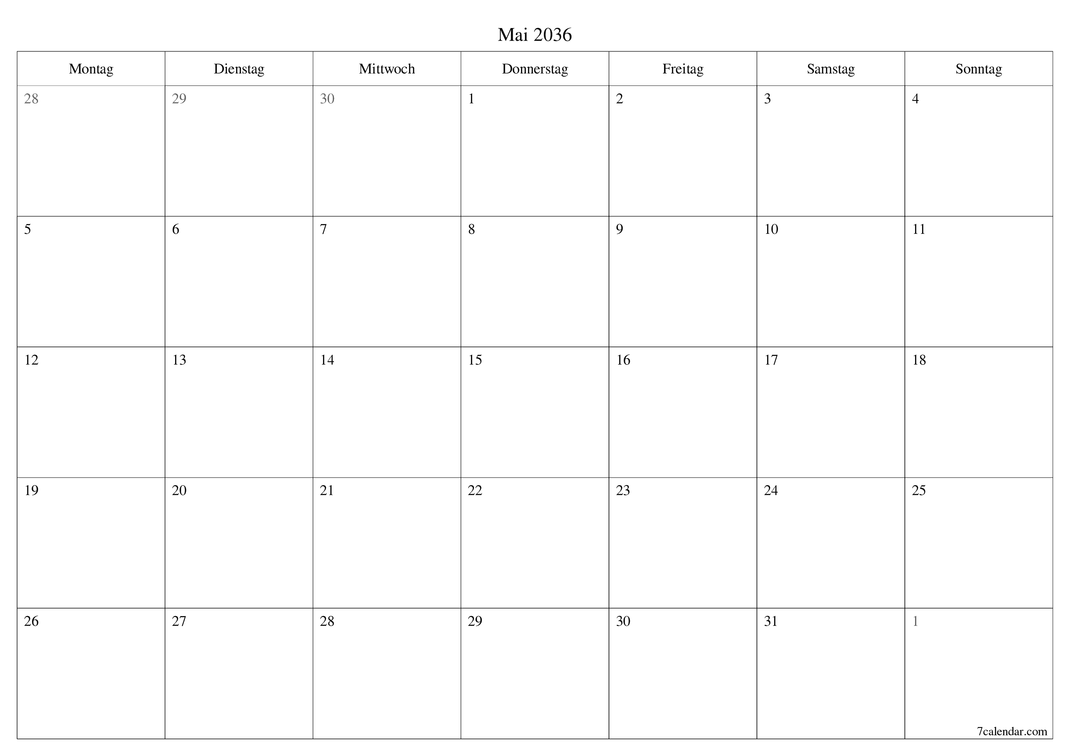 Monatsplaner für Monat Mai 2036 mit Notizen leeren, speichern und als PDF PNG German - 7calendar.com drucken