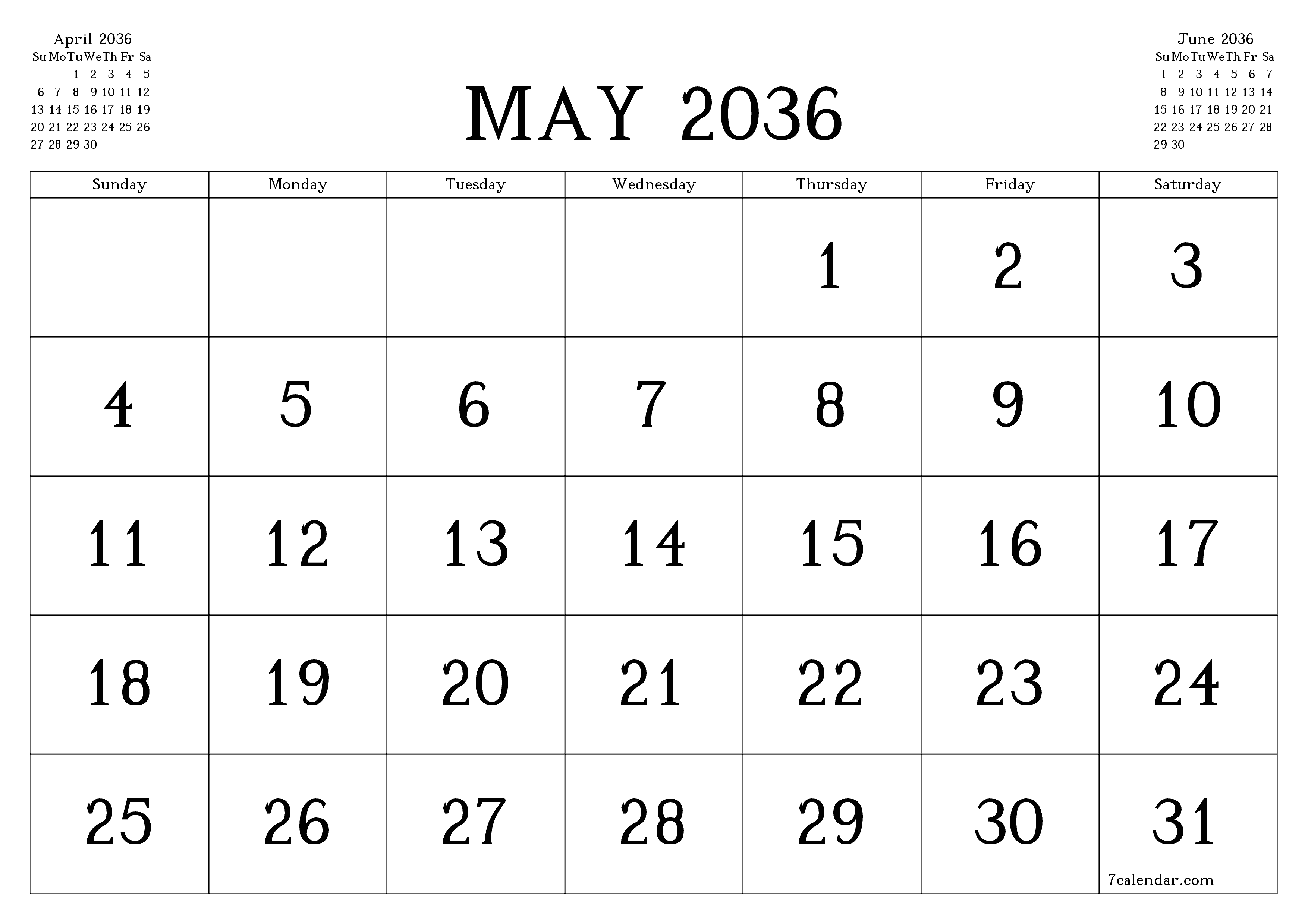 Blank calendar May 2036