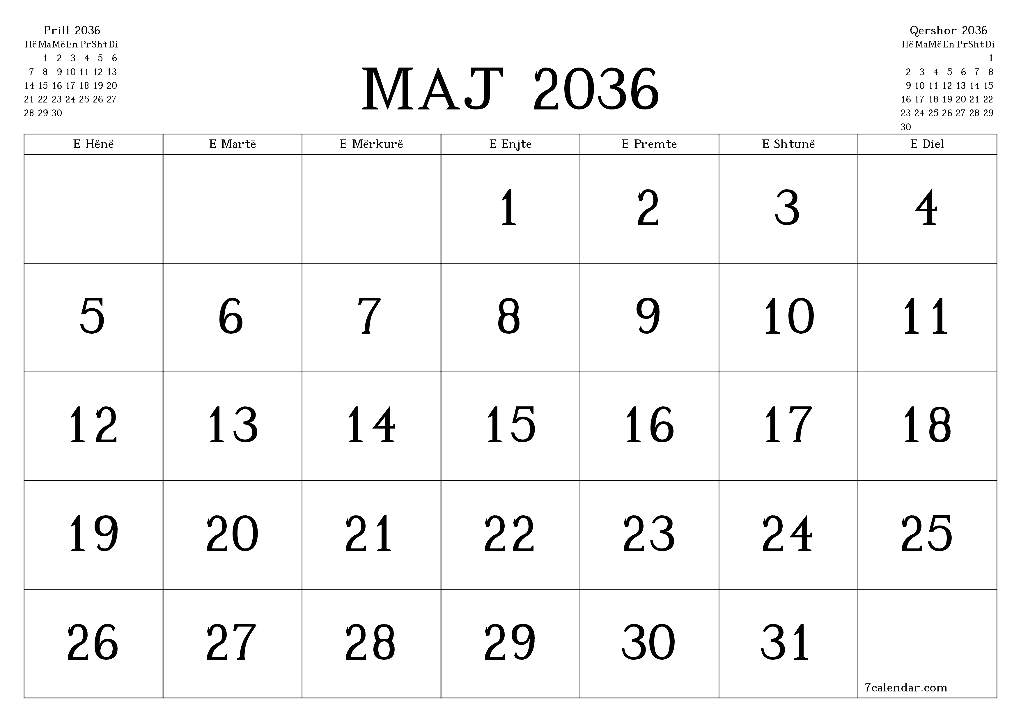 Planifikuesi i zbrazët i kalendarit mujor për muajin Maj 2036 me shënime të ruajtura dhe të printuara në PDF PNG Albanian
