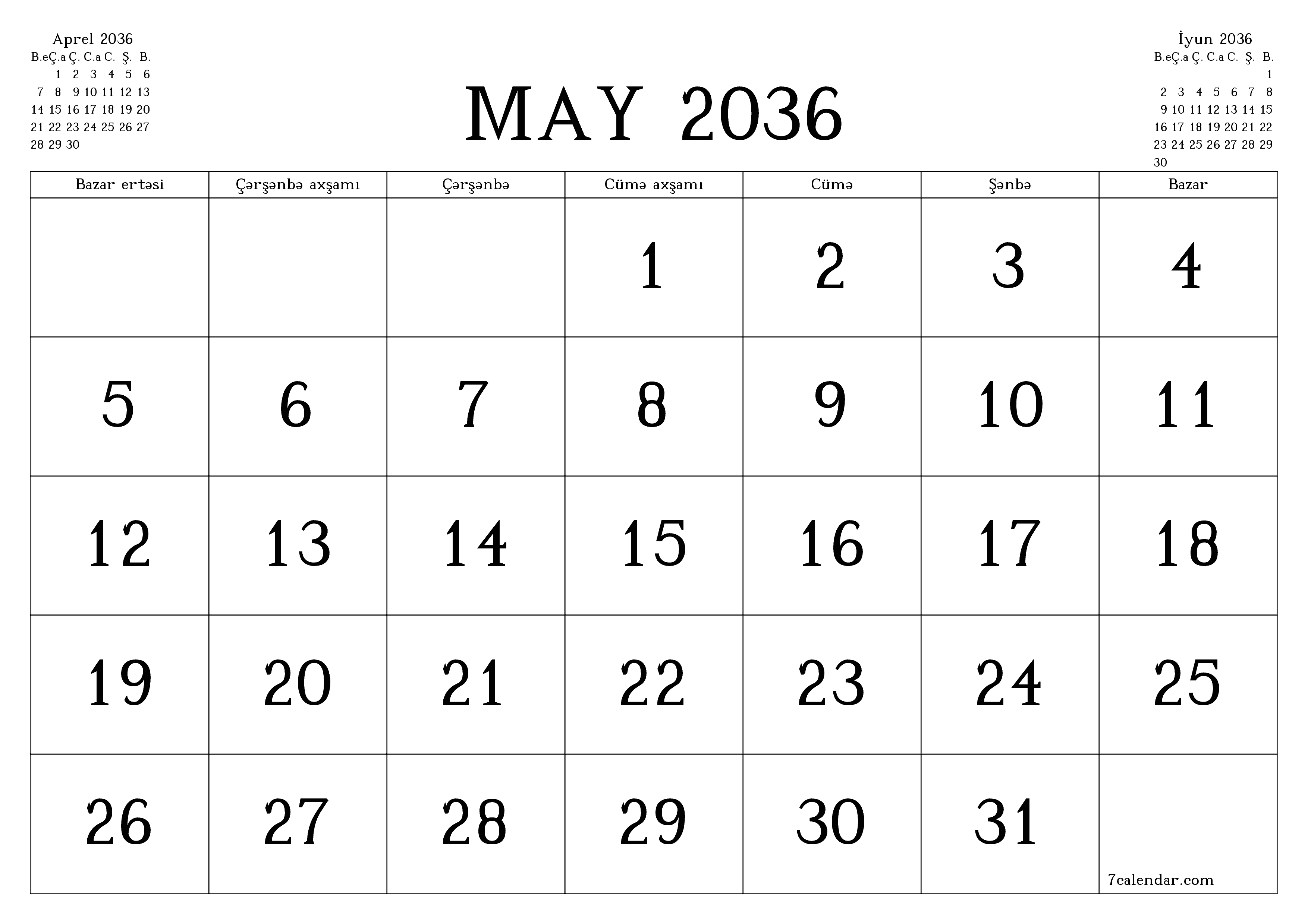 May 2036 ayı üçün qeydlər ilə boş aylıq planlayıcı, qeyd edin və PDF-ə yazdırın PNG Azerbaijani