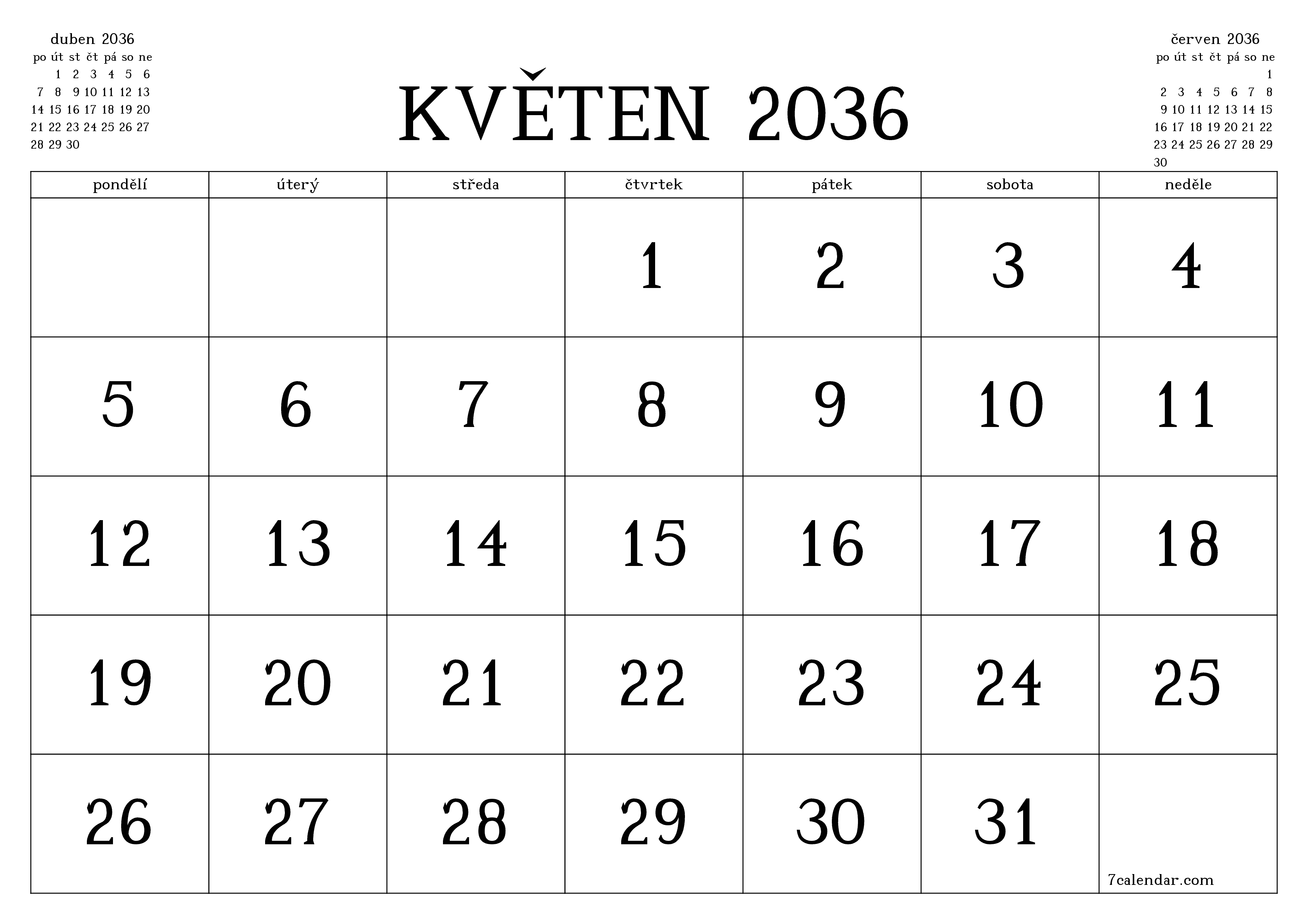  pro tisk nástěnný šablona e zdarmahorizontální Měsíční kalendář květen (kvě) 2036