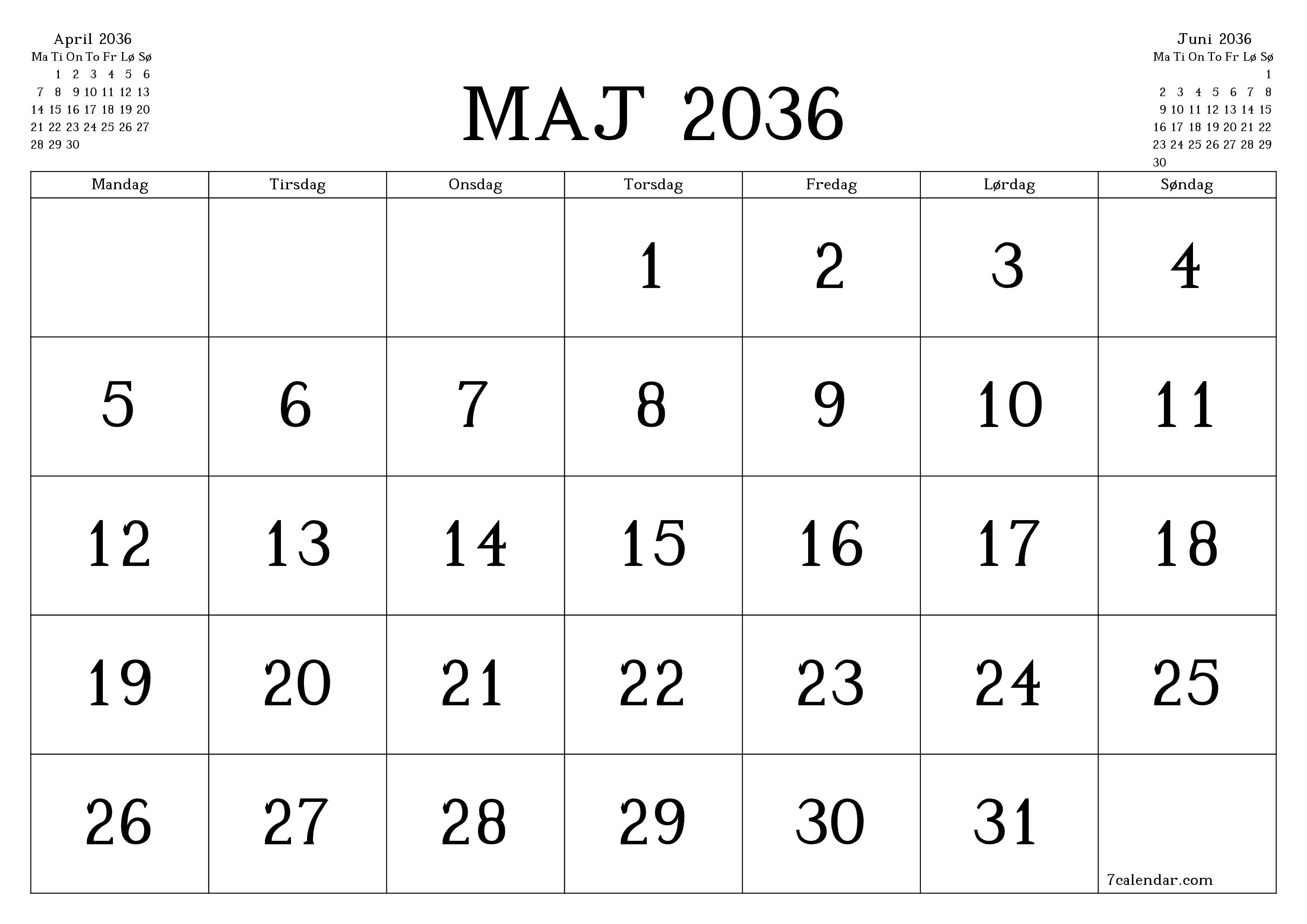 Tom månedlig planlægning for måned Maj 2036 med noter, gem og udskriv til PDF PNG Danish