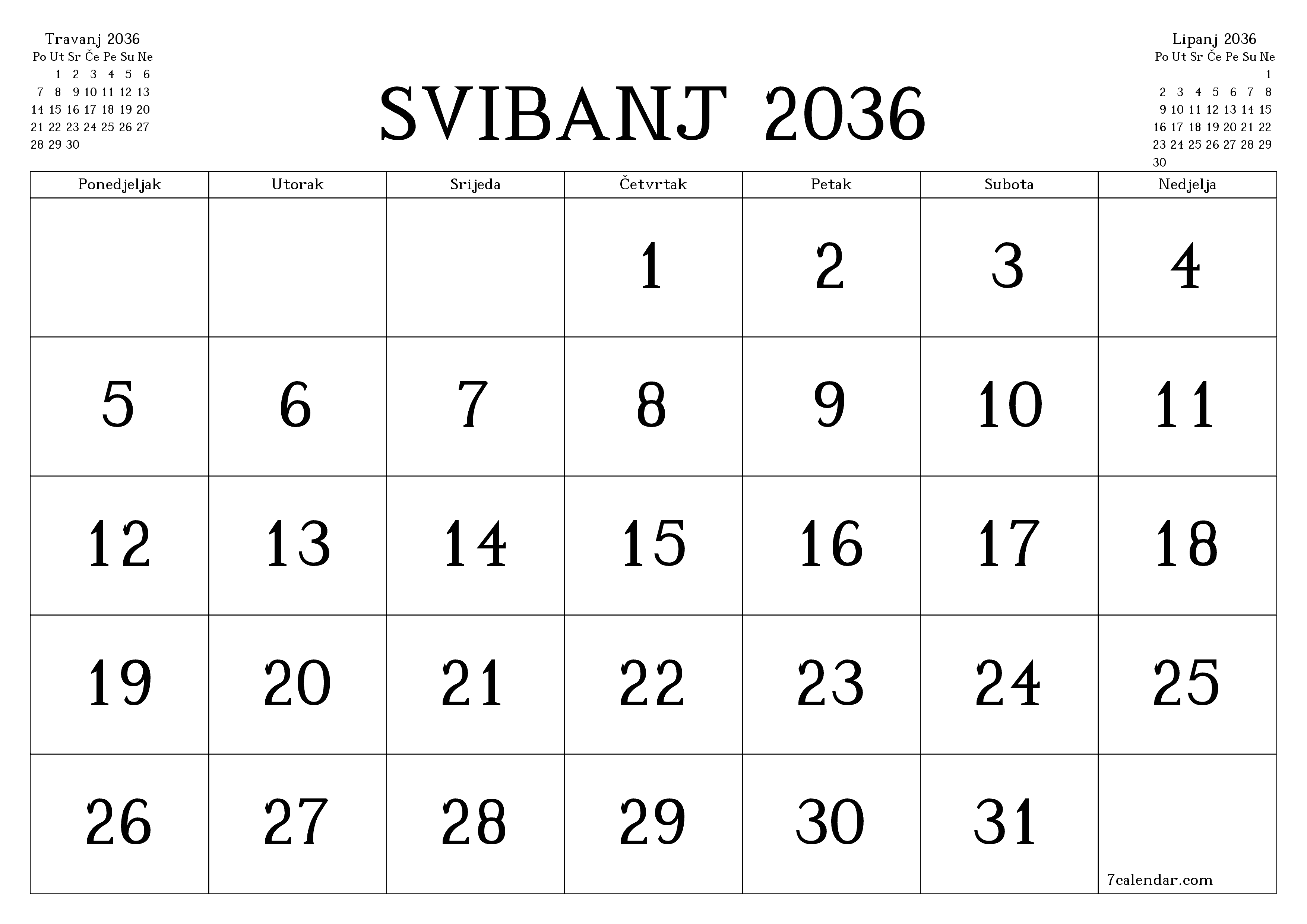 Ispraznite mjesečni planer za mjesec Svibanj 2036 s bilješkama, spremite i ispišite u PDF PNG Croatian