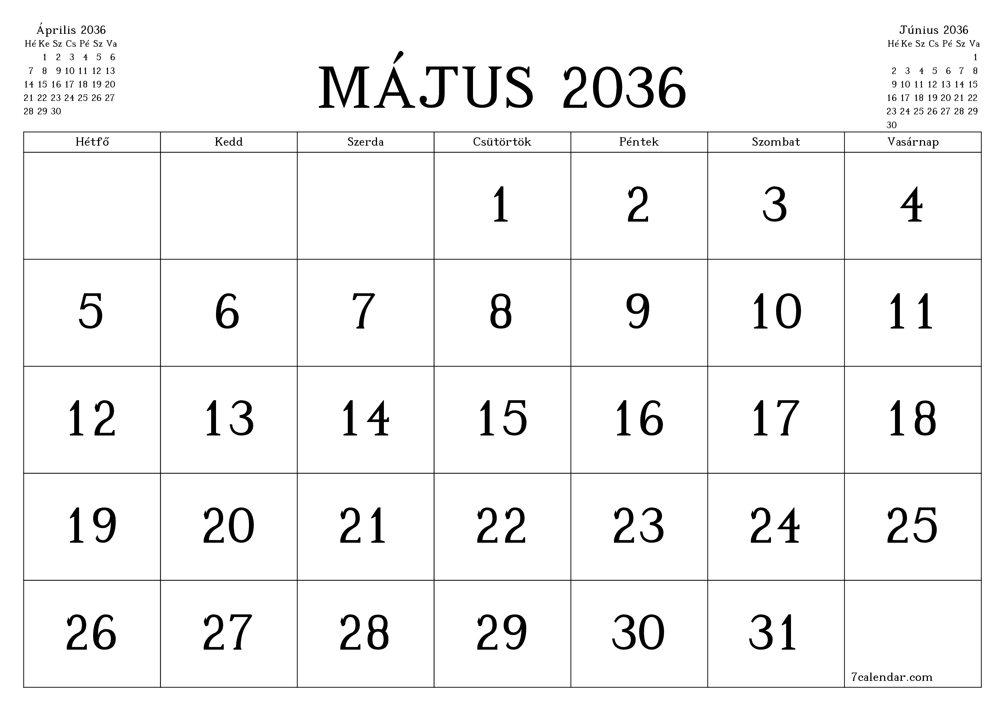 Üres havi tervező a Május 2036 hónapra jegyzetekkel, mentés és nyomtatás PDF-be PNG Hungarian
