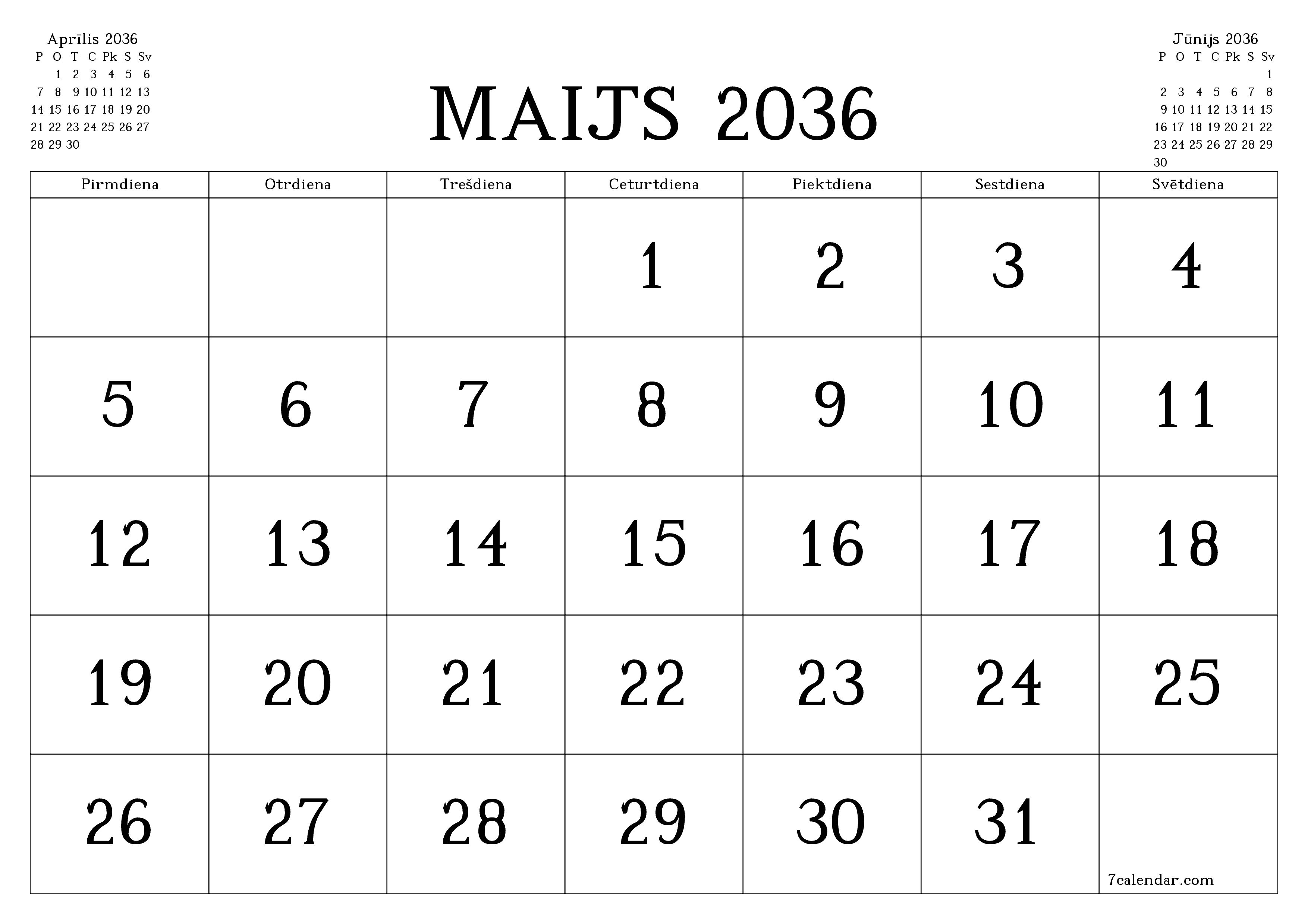 Iztukšot mēneša plānotāju mēnesim Maijs 2036 ar piezīmēm, saglabāt un izdrukāt PDF formātā PNG Latvian