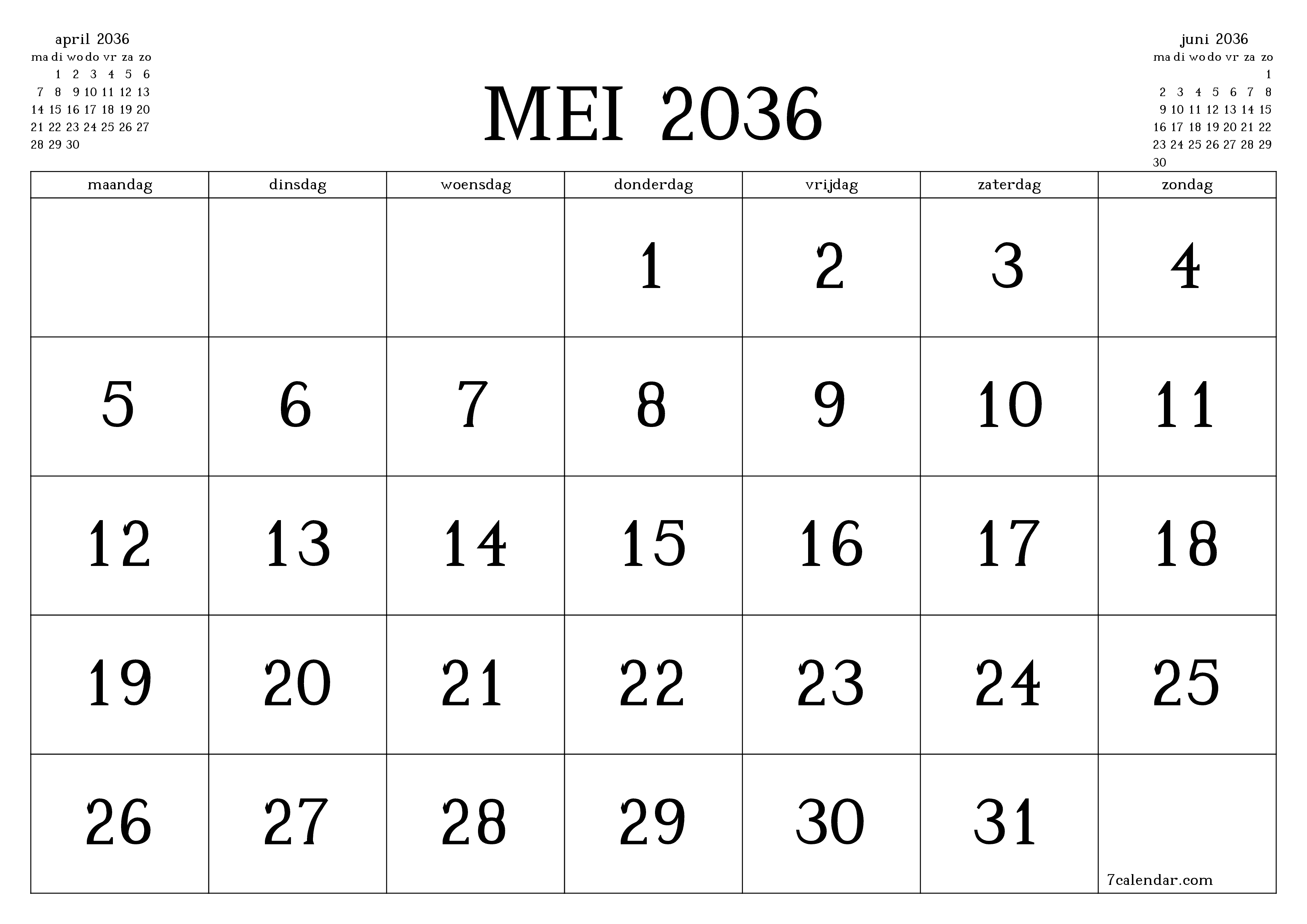Lege maandplanner voor maand mei 2036 met notities, opslaan en afdrukken naar pdf PNG Dutch