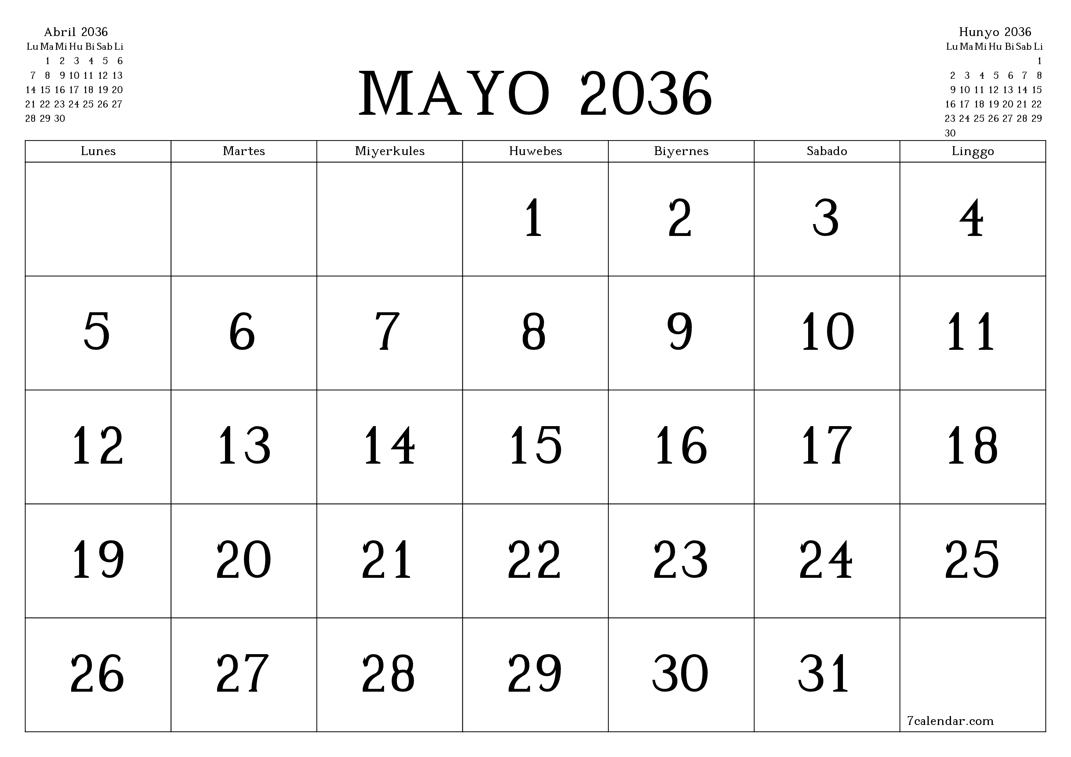 Walang laman na buwanang tagaplano para sa buwan na Mayo 2036 na may mga tala, i-save at i-print sa PDF PNG Filipino