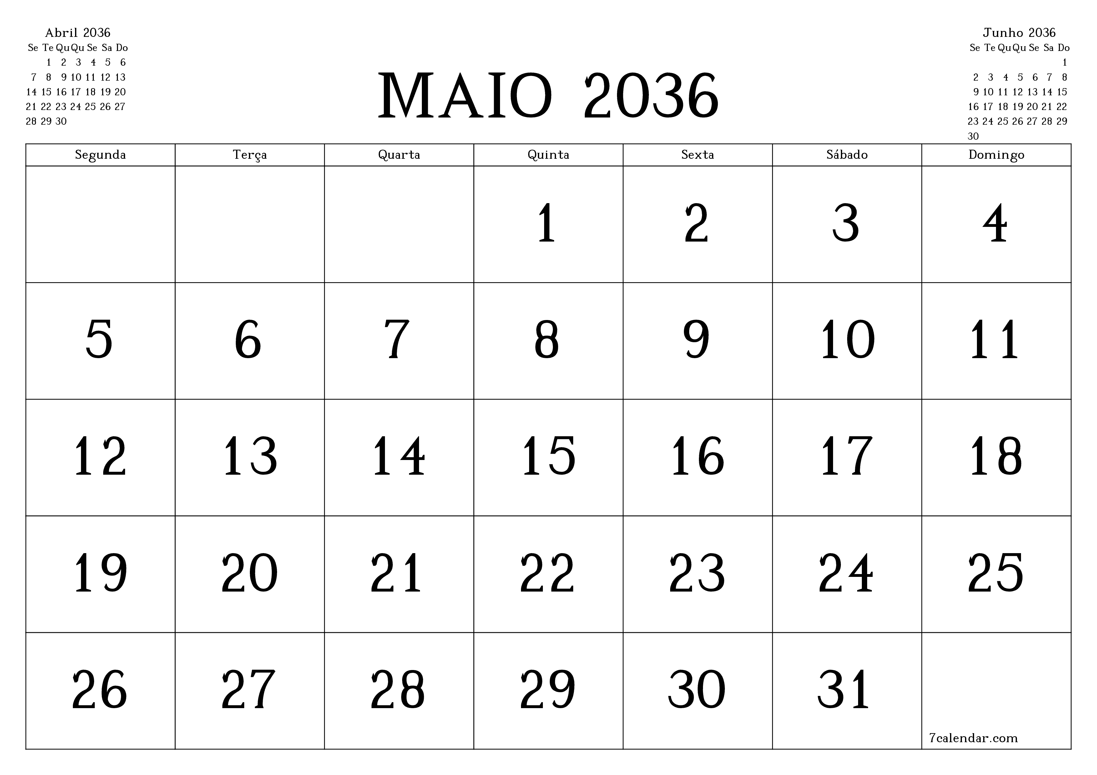 Esvazie o planejador mensal para o mês Maio 2036 com notas, salve e imprima em PDF PNG Portuguese