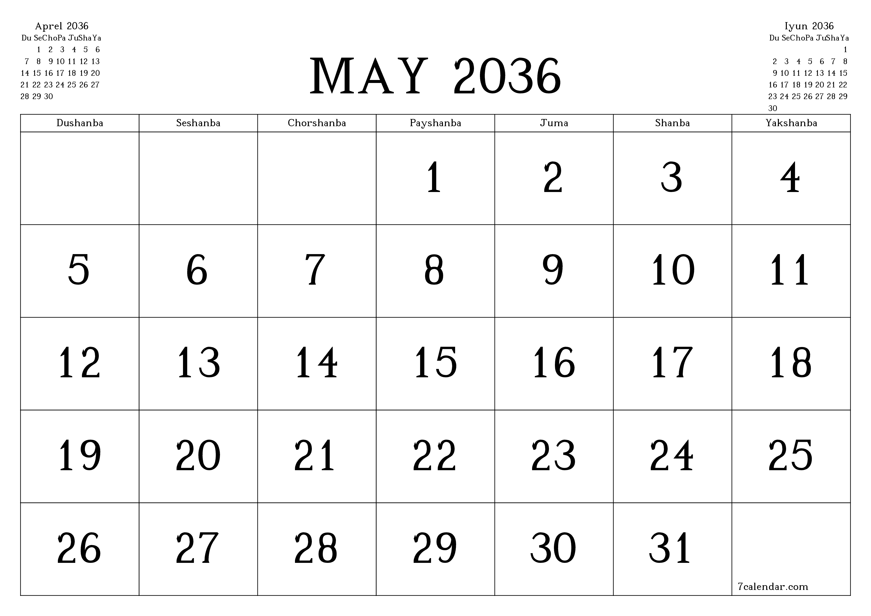 May 2036 oylik oylik rejalashtiruvchini yozuvlar bilan bo'shatish, saqlash va PDF-ga chop etish PNG Uzbek