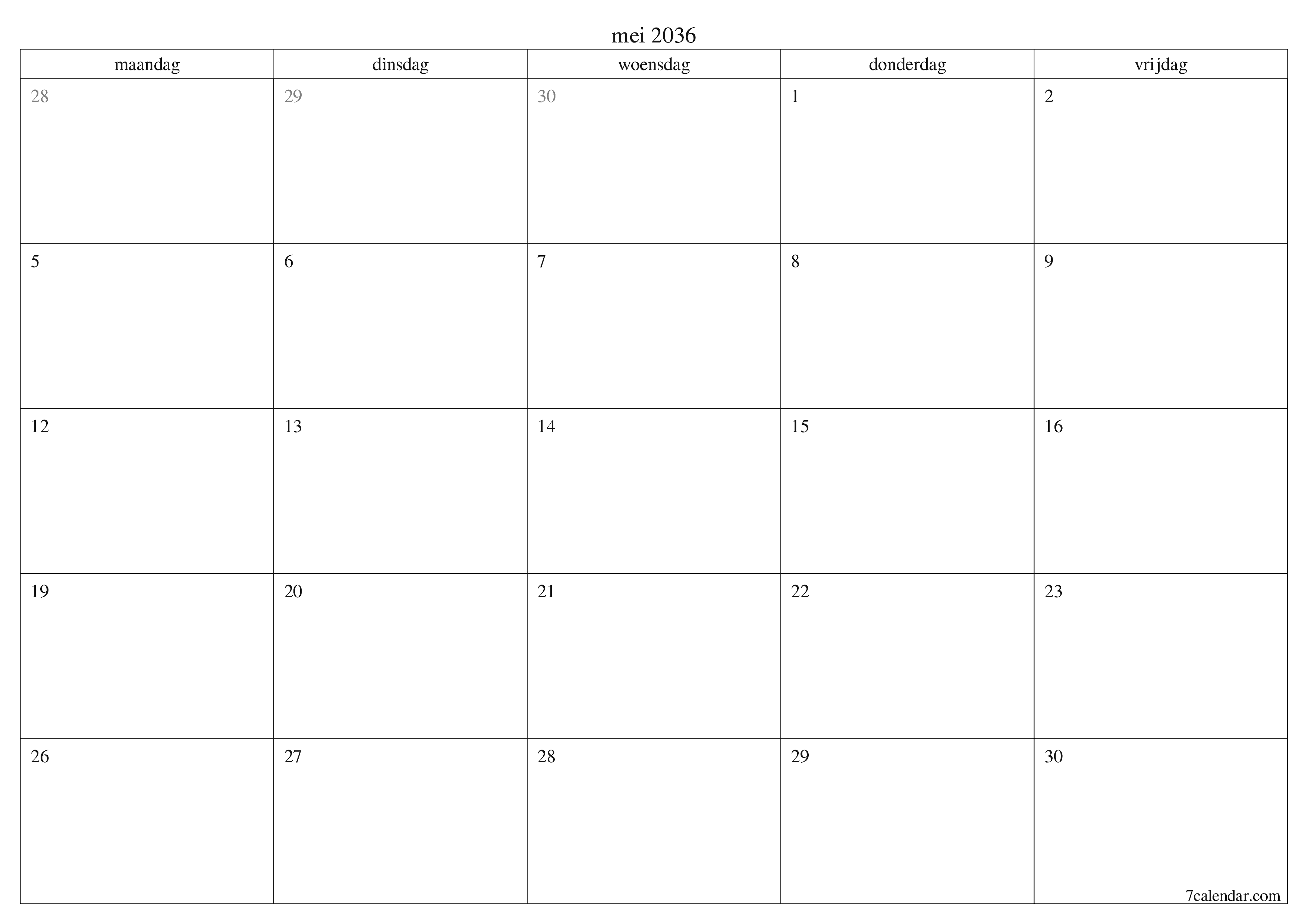 Lege maandplanner voor maand mei 2036 met notities, opslaan en afdrukken naar pdf PNG Dutch