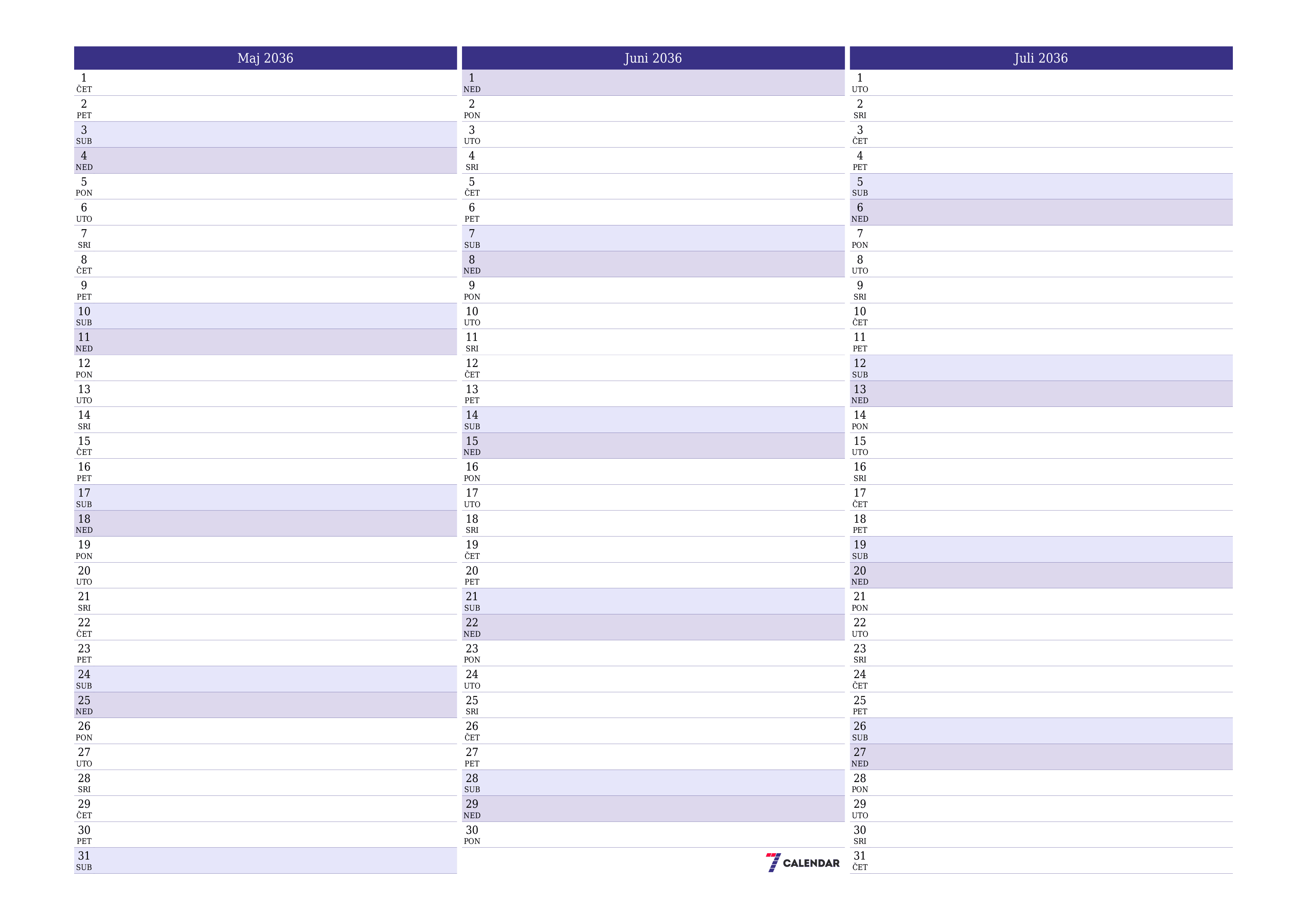 Ispraznite mjesečni planer za mjesec Maj 2036 s bilješkama, spremite i ispišite u PDF PNG Bosnian