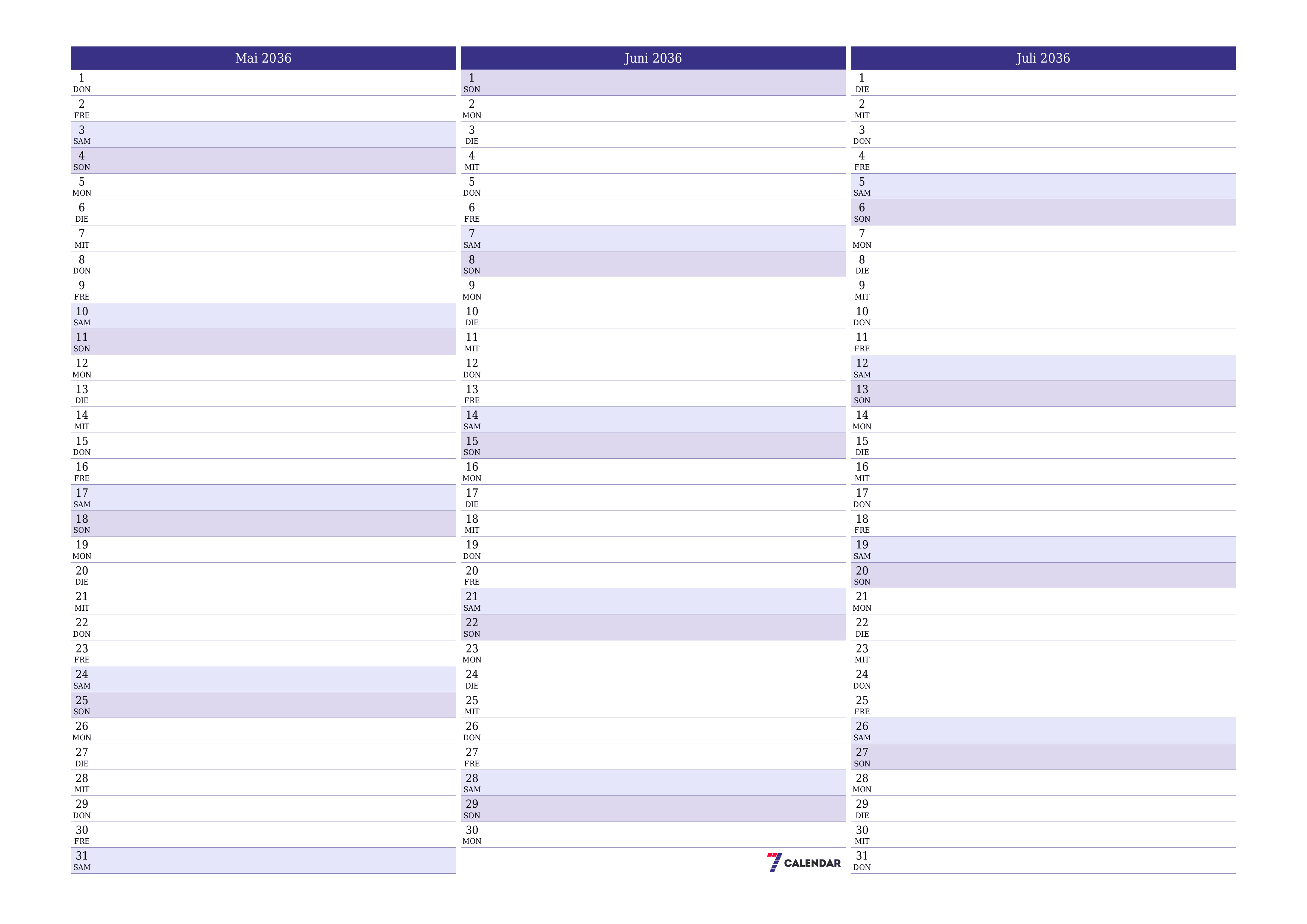 Monatsplaner für Monat Mai 2036 mit Notizen leeren, speichern und als PDF PNG German - 7calendar.com drucken