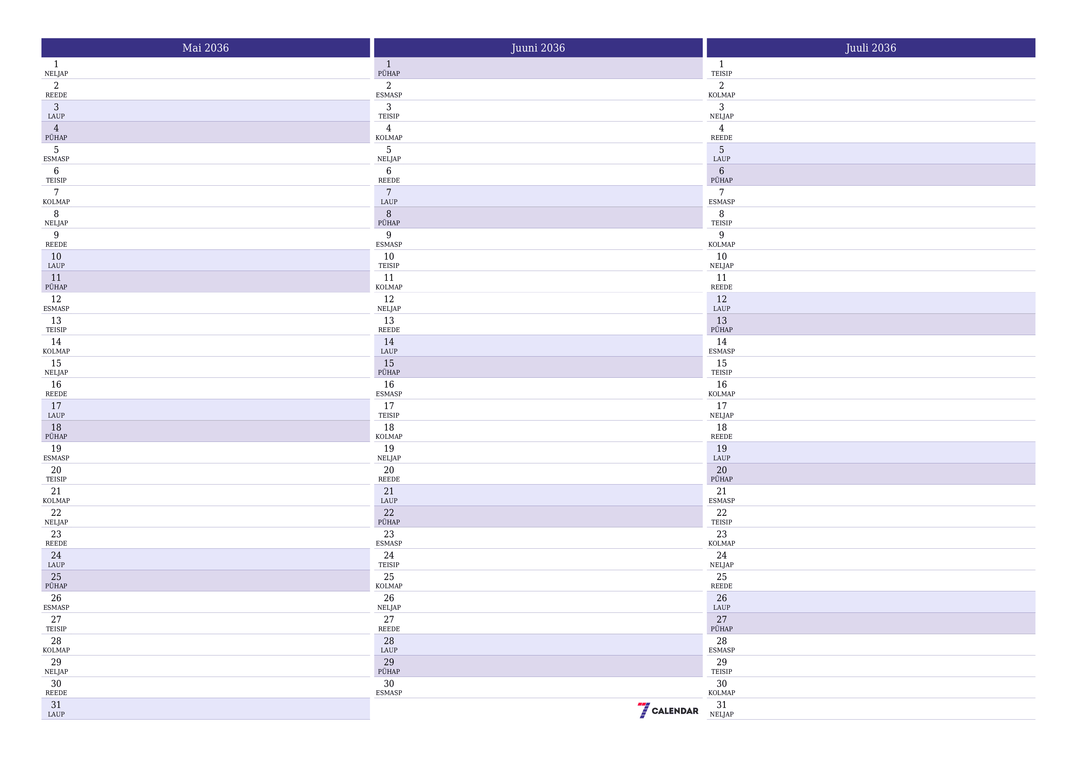 prinditav seina kalendri mall tasuta horisontaalne Igakuine planeerija kalender Mai (Mai) 2036